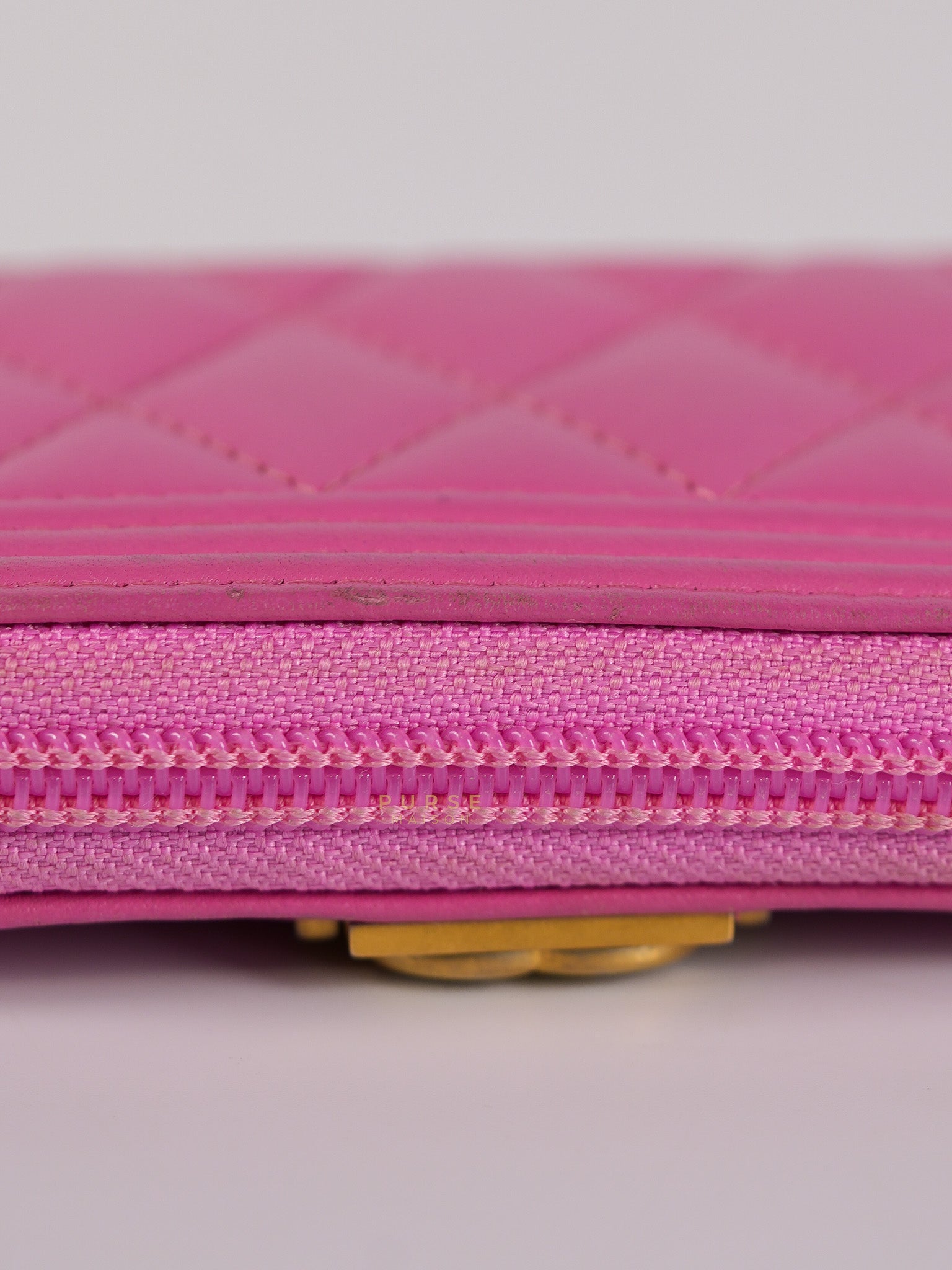 Le Boy Zip Card Holder in Pink Lambskin Leather & Aged Gold Hardware (Series 26) | Purse Maison Luxury Bags Shop