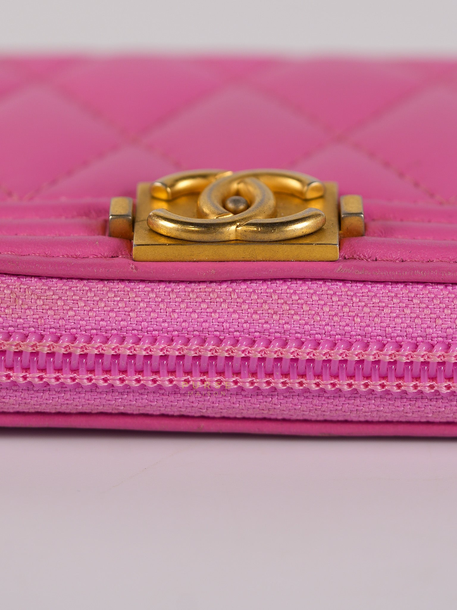 Le Boy Zip Card Holder in Pink Lambskin Leather & Aged Gold Hardware (Series 26) | Purse Maison Luxury Bags Shop