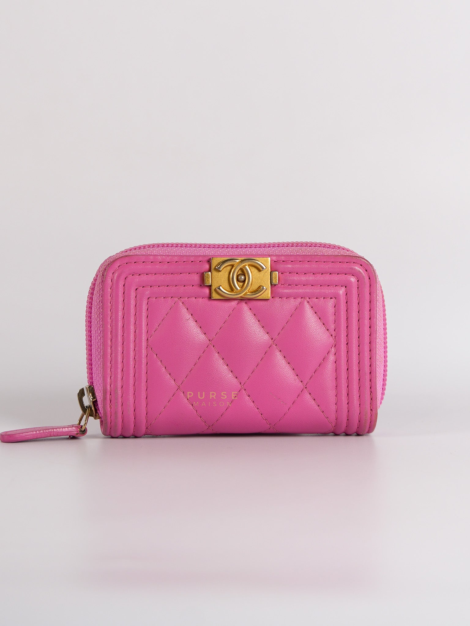 Le Boy Zip Card Holder in Pink Lambskin Leather & Aged Gold Hardware (Series 26) | Purse Maison Luxury Bags Shop