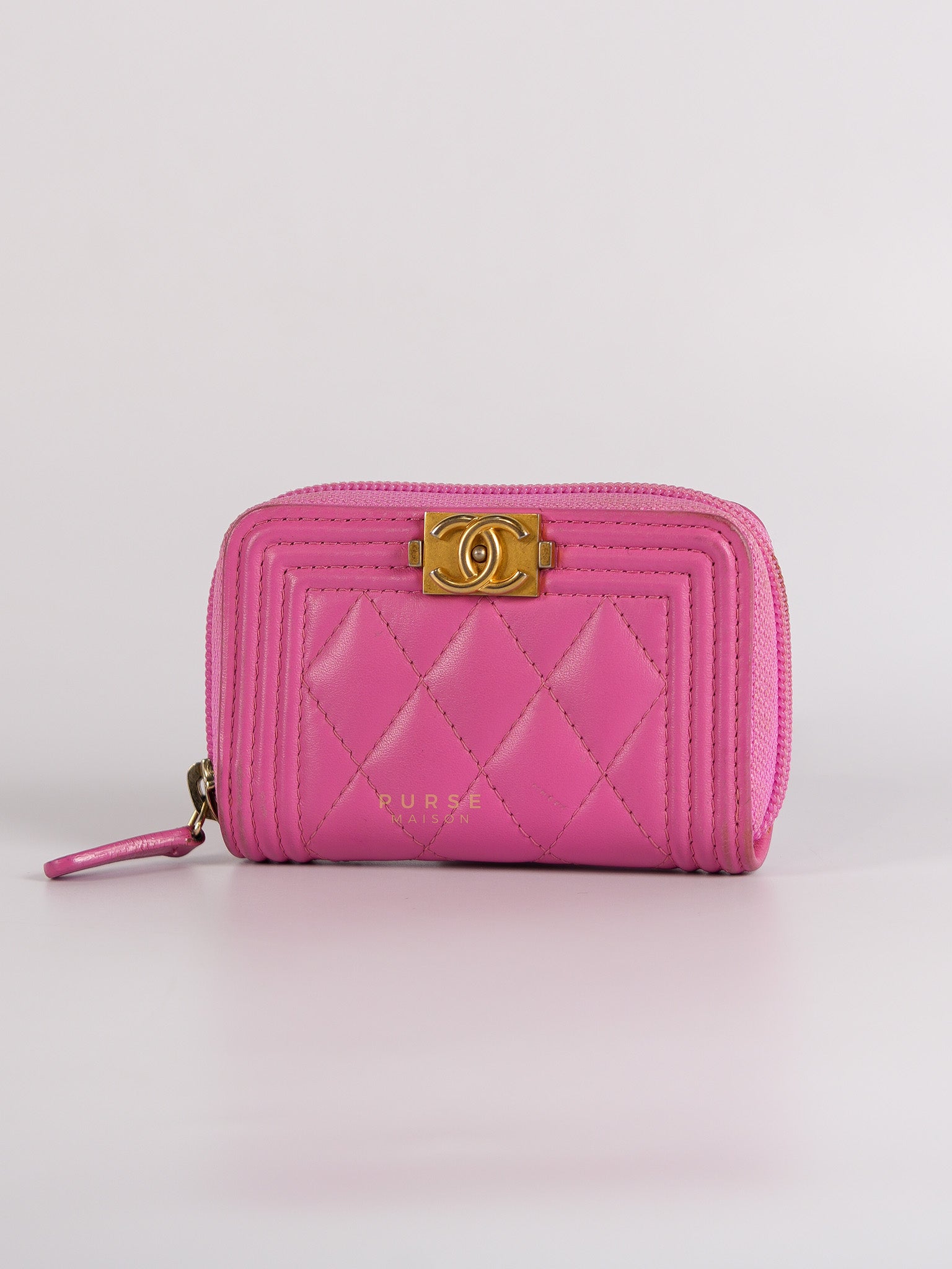Le Boy Zip Card Holder in Pink Lambskin Leather & Aged Gold Hardware (Series 26) | Purse Maison Luxury Bags Shop