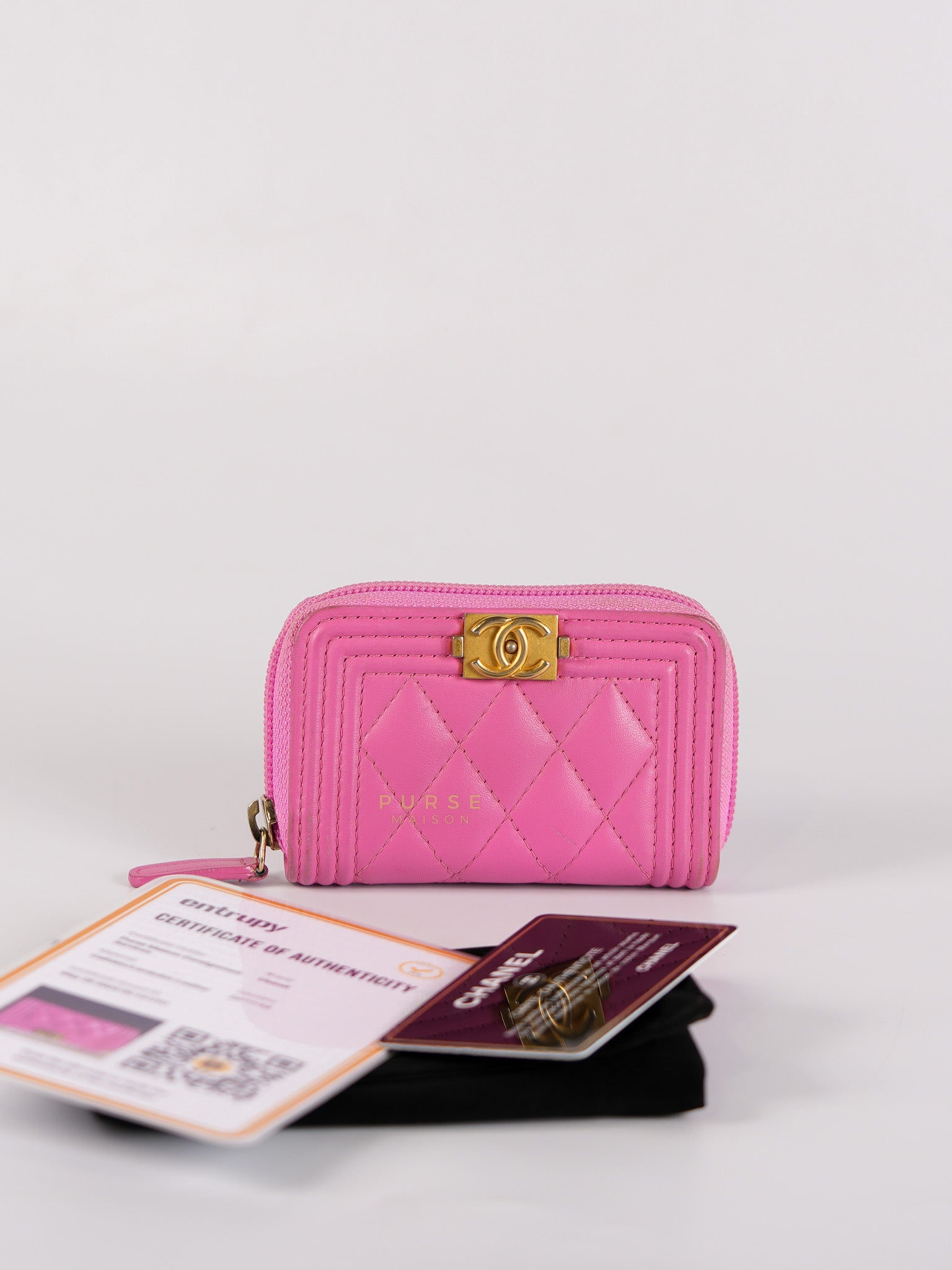 Le Boy Zip Card Holder in Pink Lambskin Leather & Aged Gold Hardware (Series 26) | Purse Maison Luxury Bags Shop