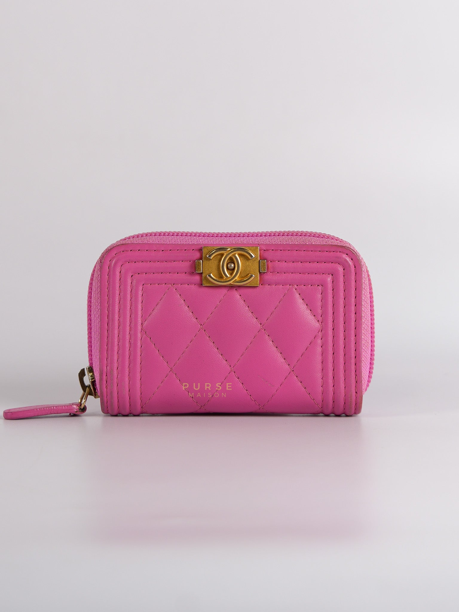 Le Boy Zip Card Holder in Pink Lambskin Leather & Aged Gold Hardware (Series 26) | Purse Maison Luxury Bags Shop