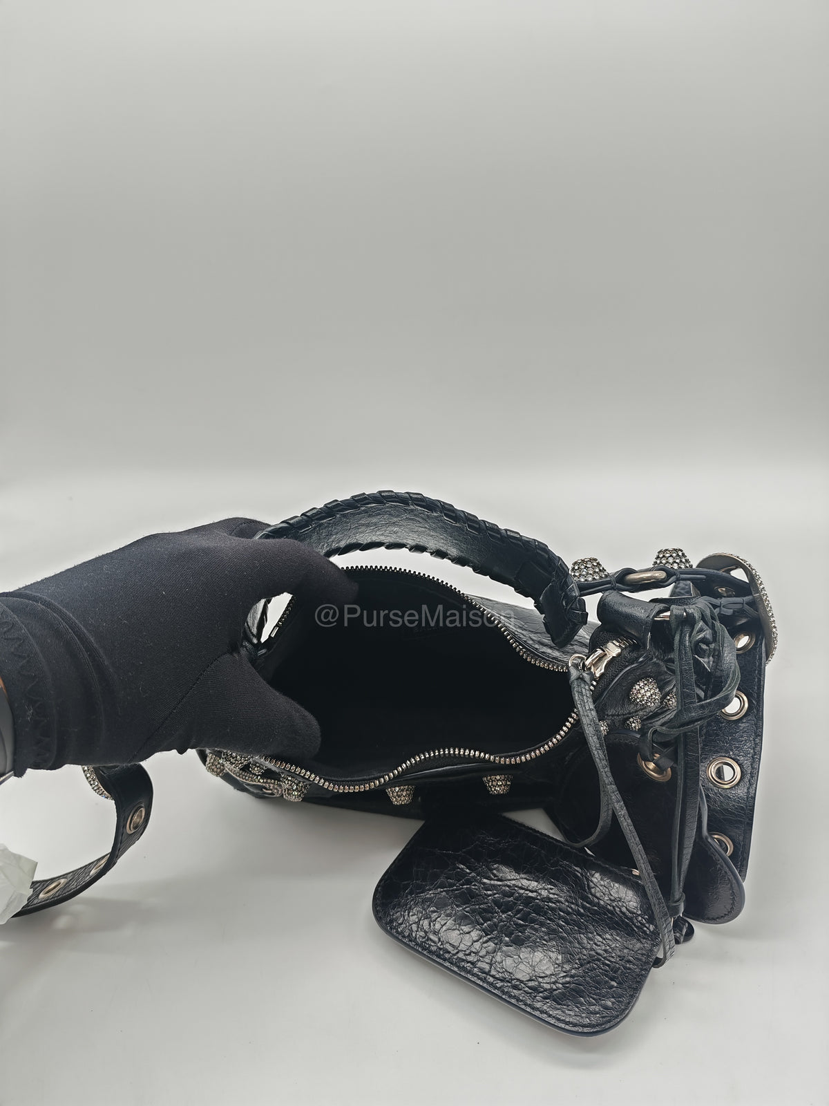 Balenciaga Le Cagole XS Shoulder Bag in Arena Lambskin Shoulder Bag with Rhinestones