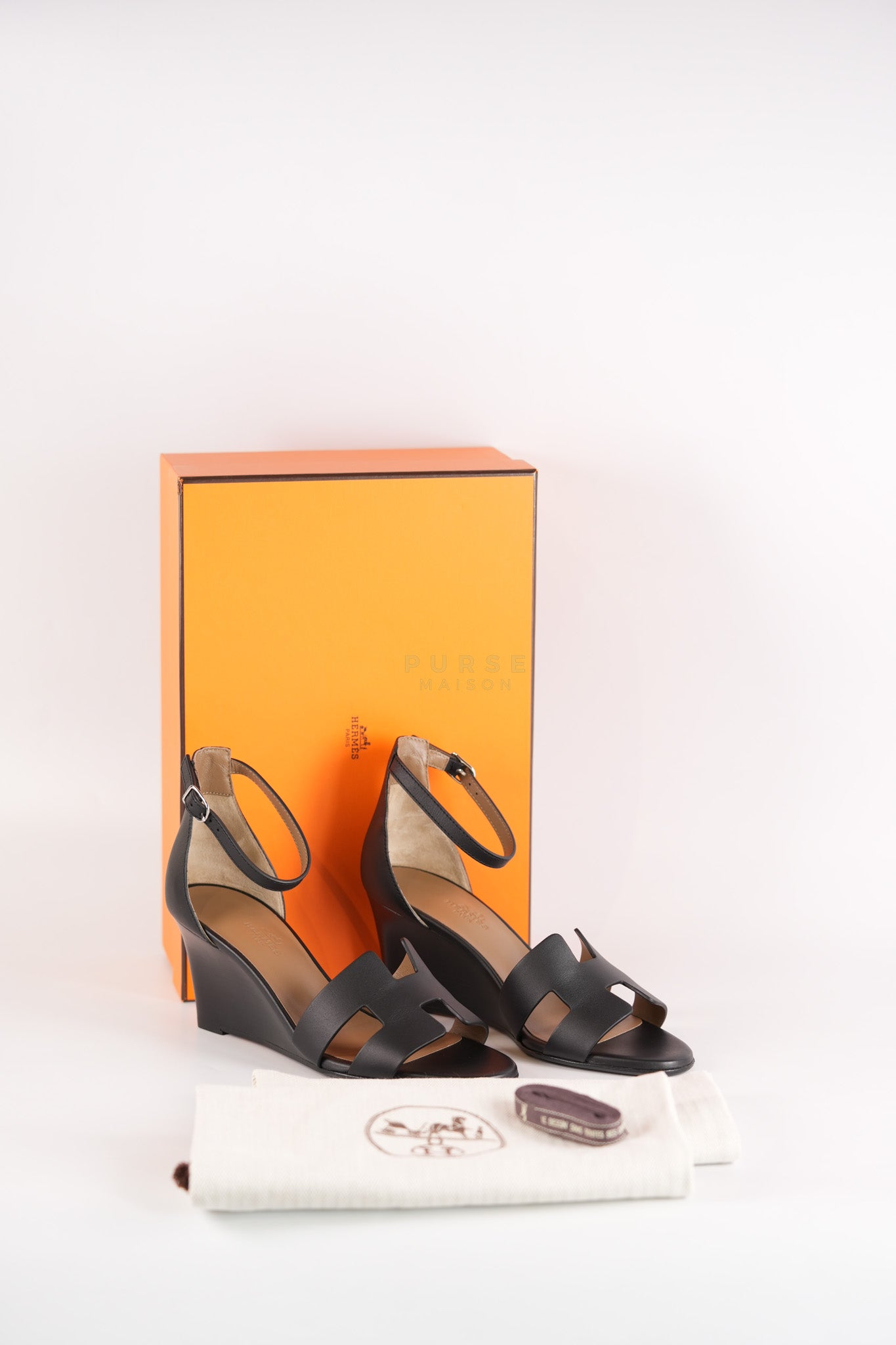 Legend Ankle Strap Wedge Sandals in Black Calfskin Leather Size 37 EU (23.5 cm) | Purse Maison Luxury Bags Shop