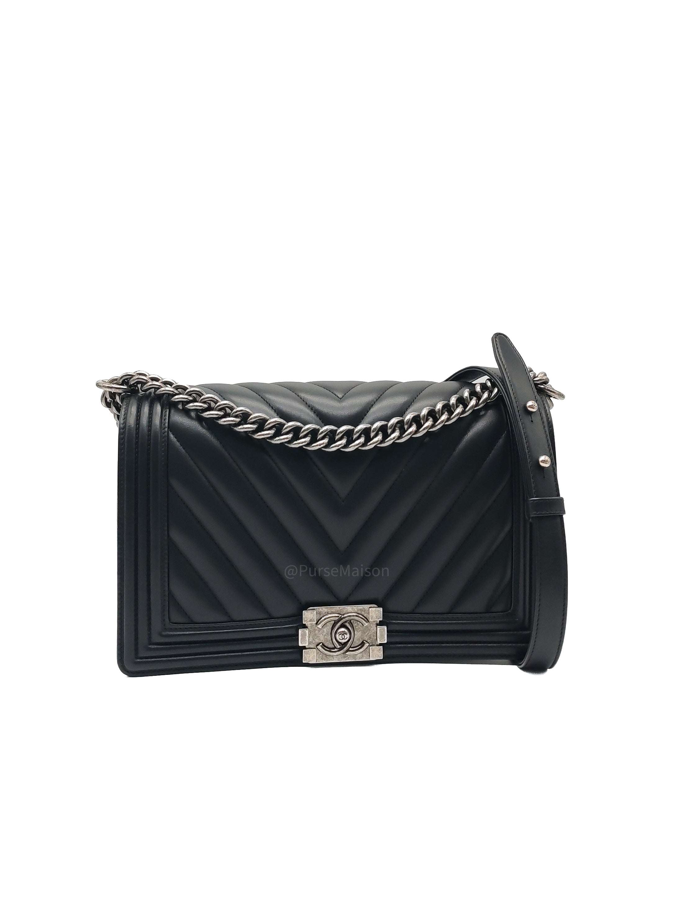 Chanel Le Boy New Medium in Black Chevron Lambskin Leather and Ruthenium Hardware Series 22