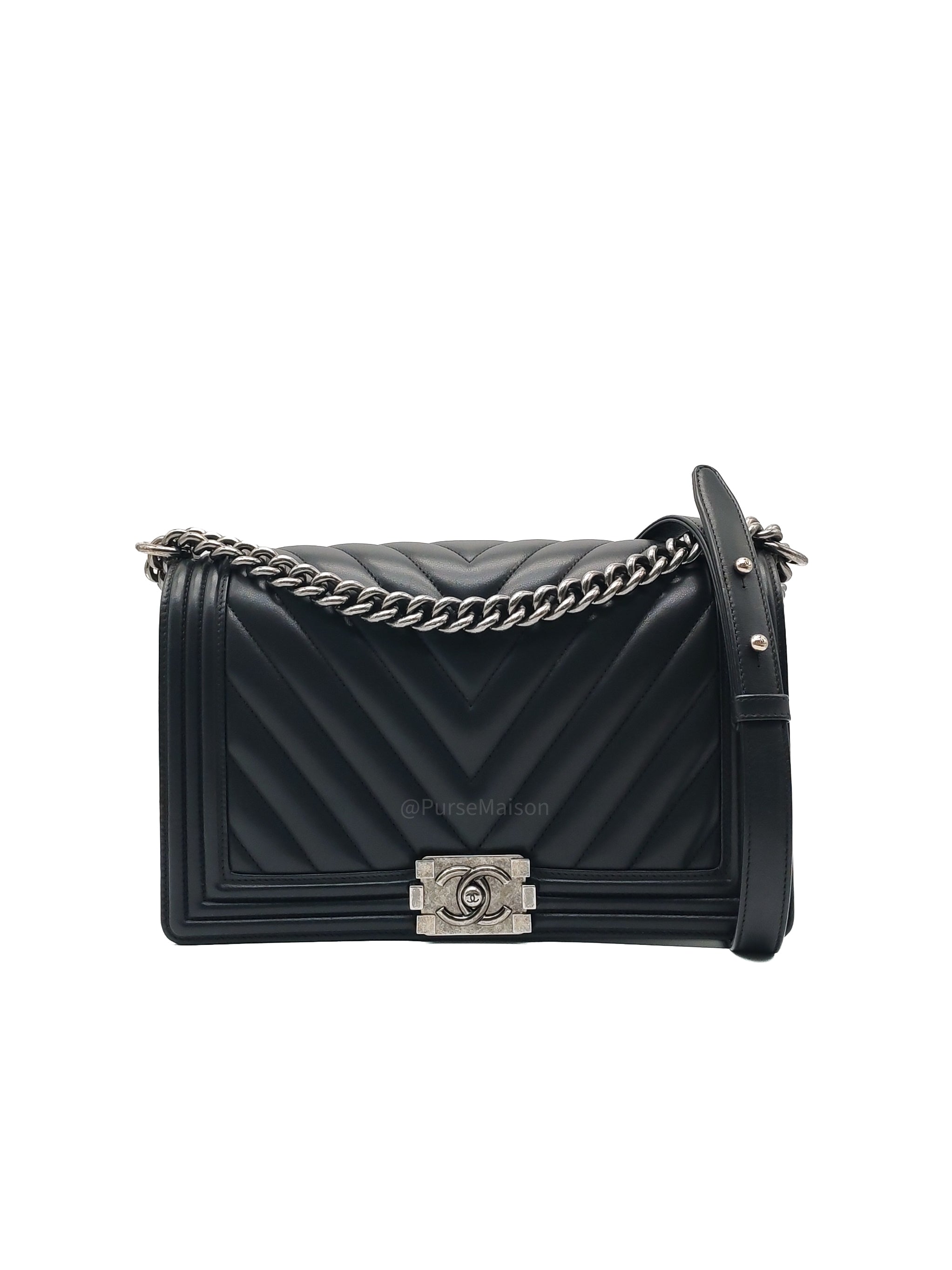 Chanel Le Boy New Medium in Black Chevron Lambskin Leather and Ruthenium Hardware Series 22