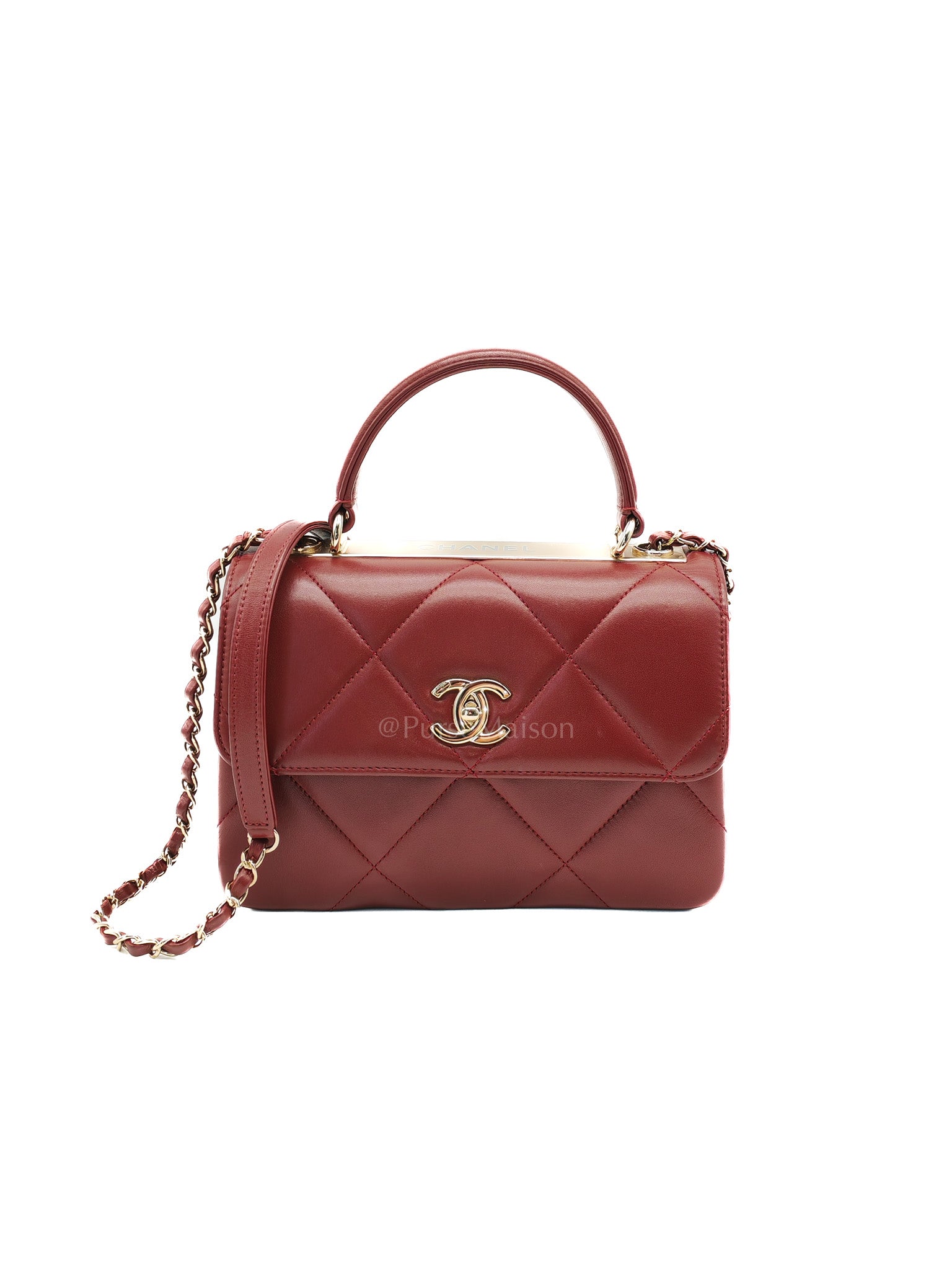Trendy CC Top Handle Small in Burgundy Lambskin Leather Light Gold Hardware (Series 28)
