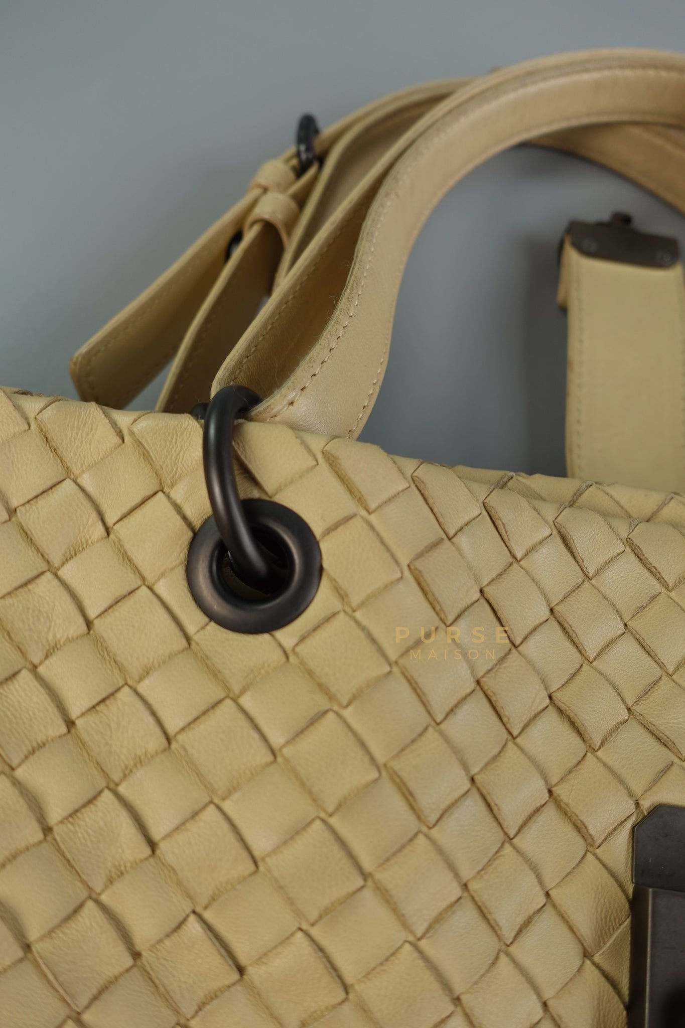 Light Beige Roma Intrecciato Leather Tote Bag | Purse Maison Luxury Bags Shop