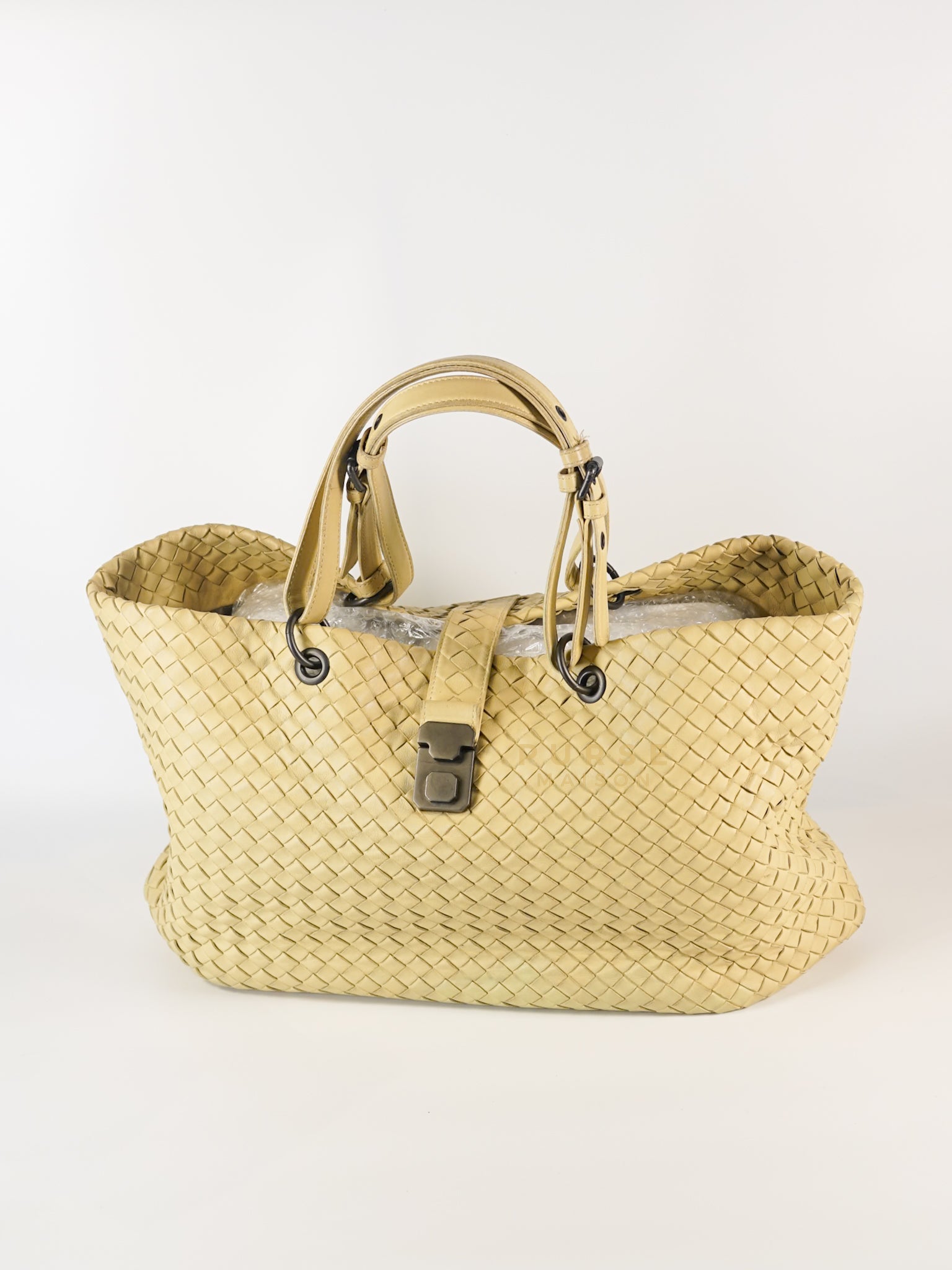 Light Beige Roma Intrecciato Leather Tote Bag | Purse Maison Luxury Bags Shop