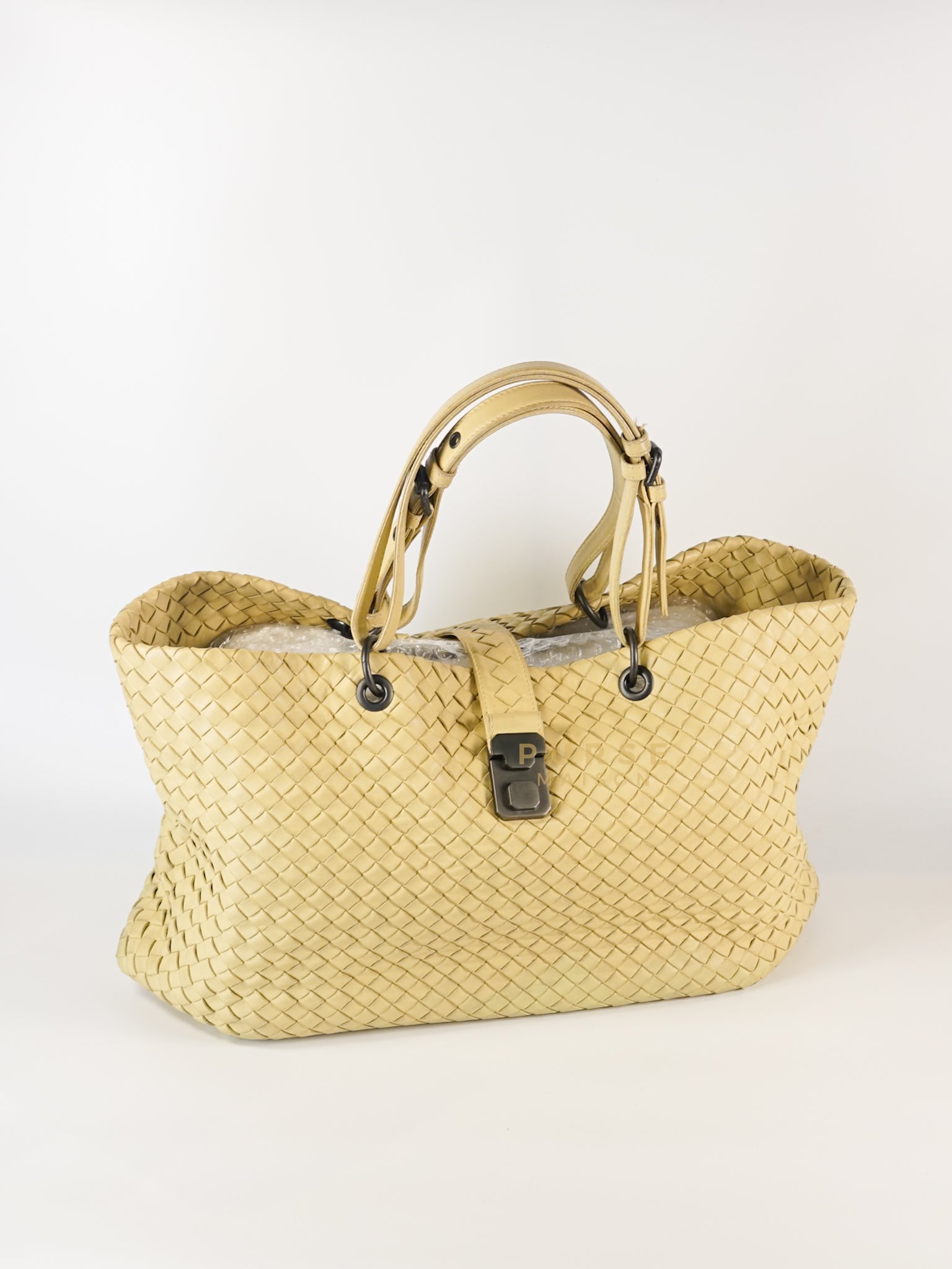 Light Beige Roma Intrecciato Leather Tote Bag | Purse Maison Luxury Bags Shop