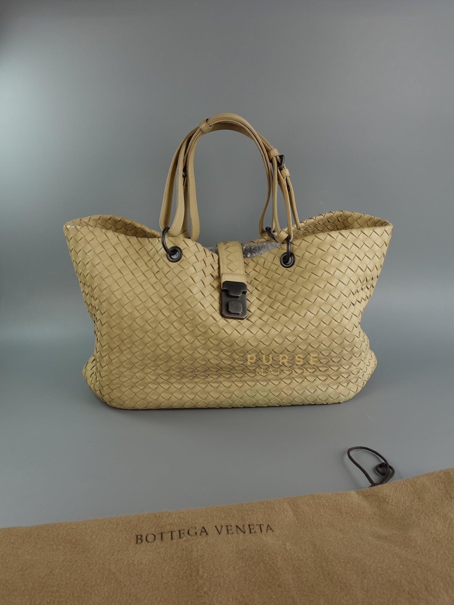 Light Beige Roma Intrecciato Leather Tote Bag | Purse Maison Luxury Bags Shop