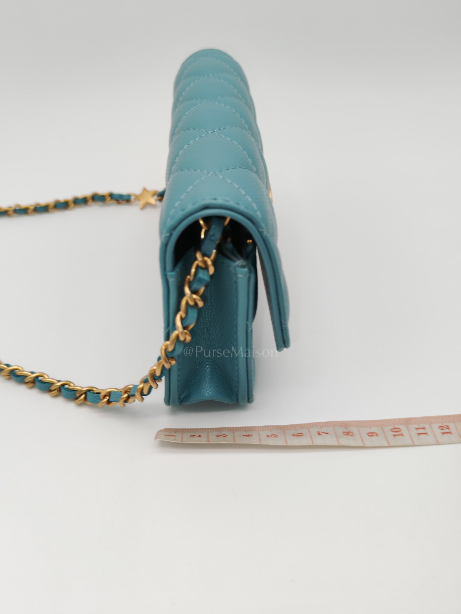 Charming Phone Holder with Chain in Teal Blue Caviar Leather & Gold Hardware (Microchip)