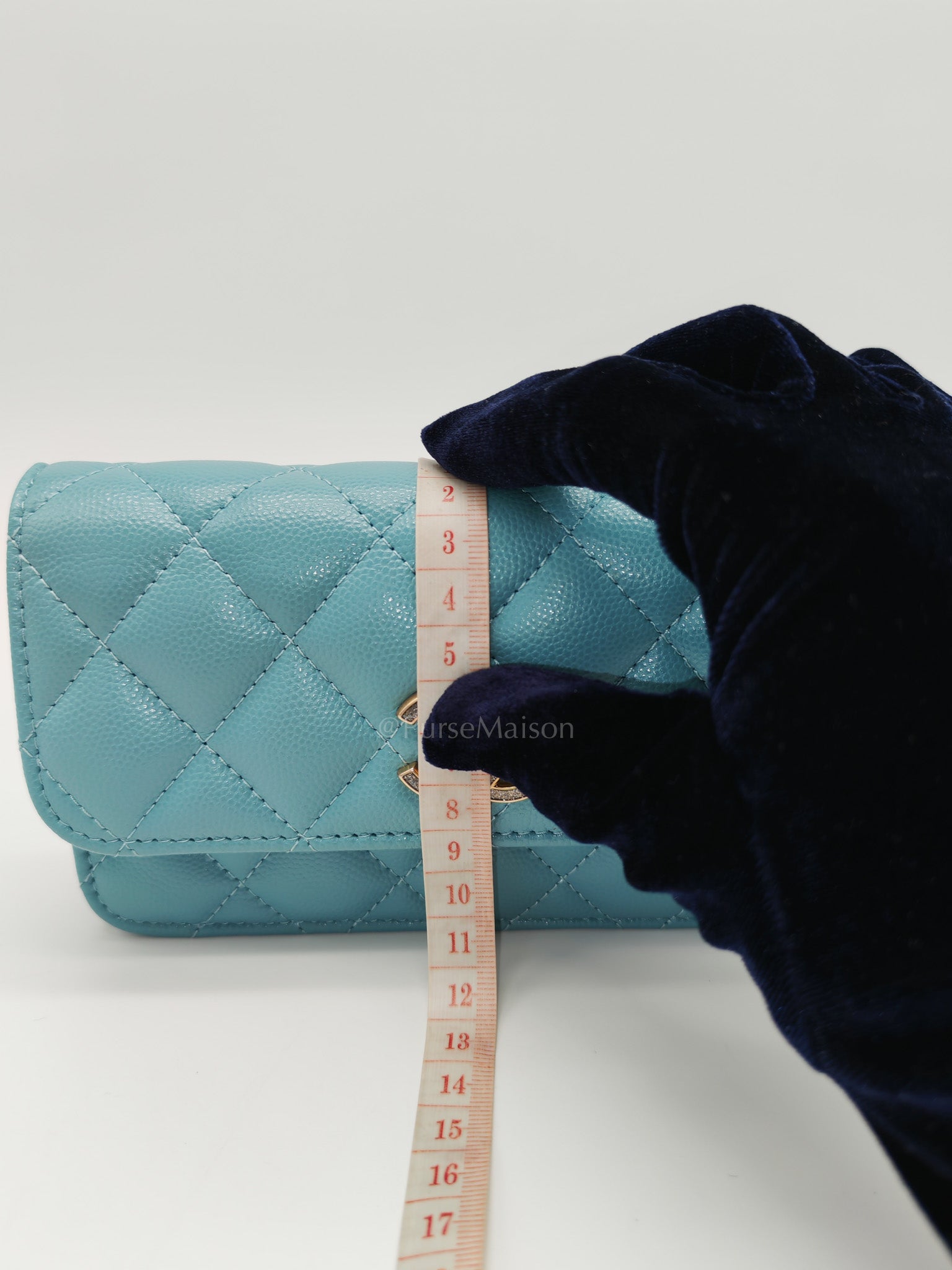 Charming Phone Holder with Chain in Teal Blue Caviar Leather & Gold Hardware (Microchip)