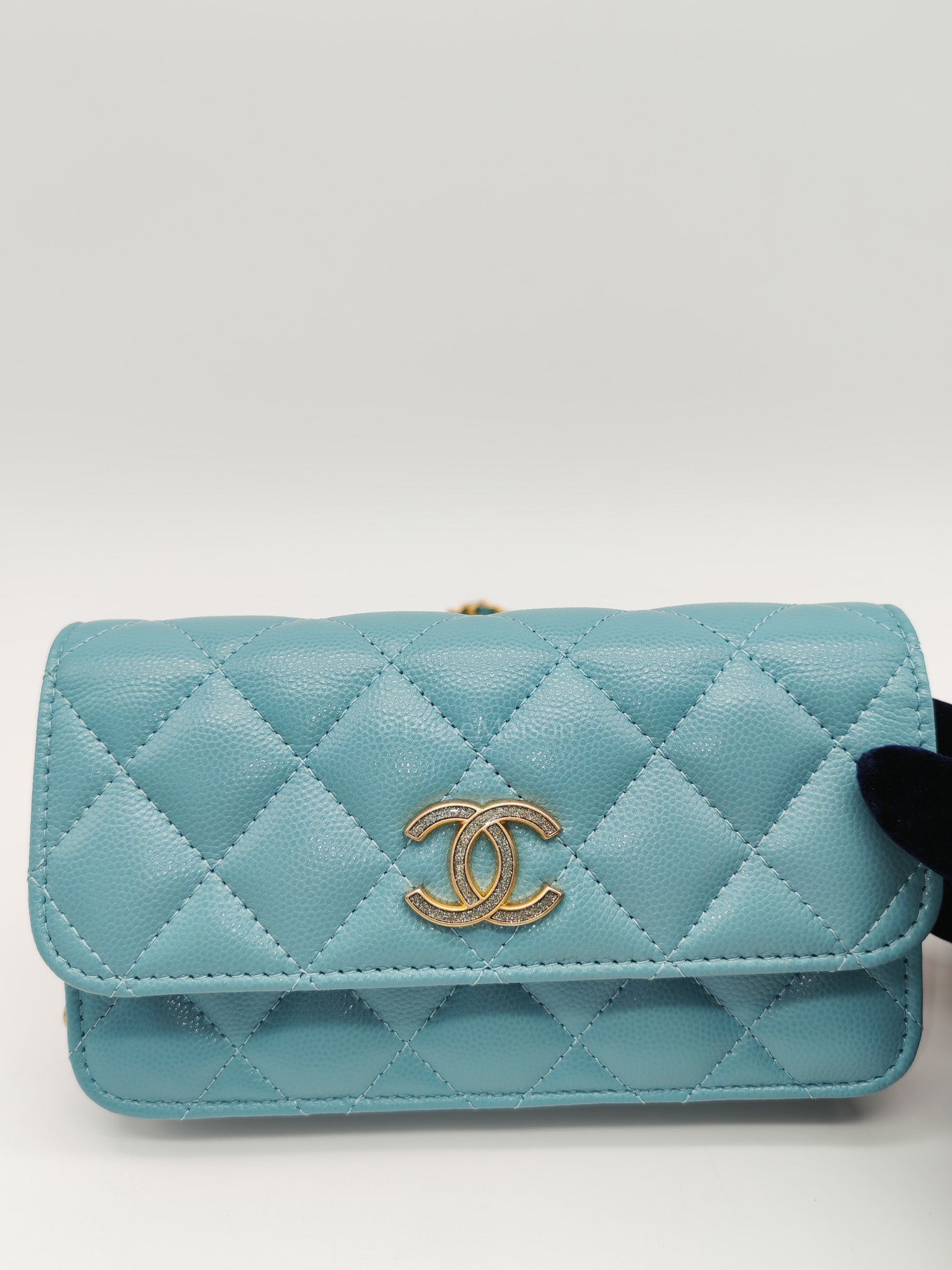 Charming Phone Holder with Chain in Teal Blue Caviar Leather & Gold Hardware (Microchip)