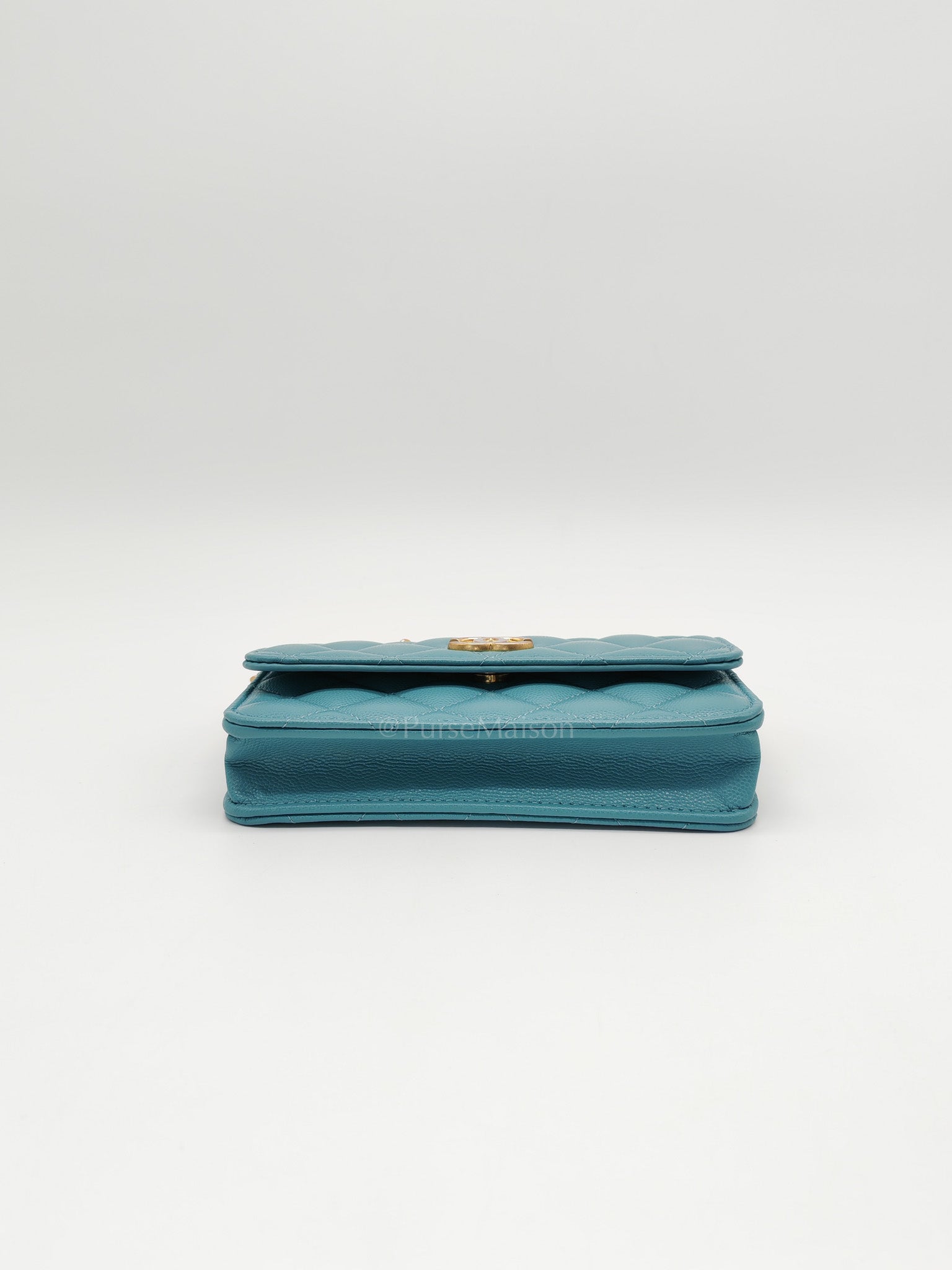 Charming Phone Holder with Chain in Teal Blue Caviar Leather & Gold Hardware (Microchip)