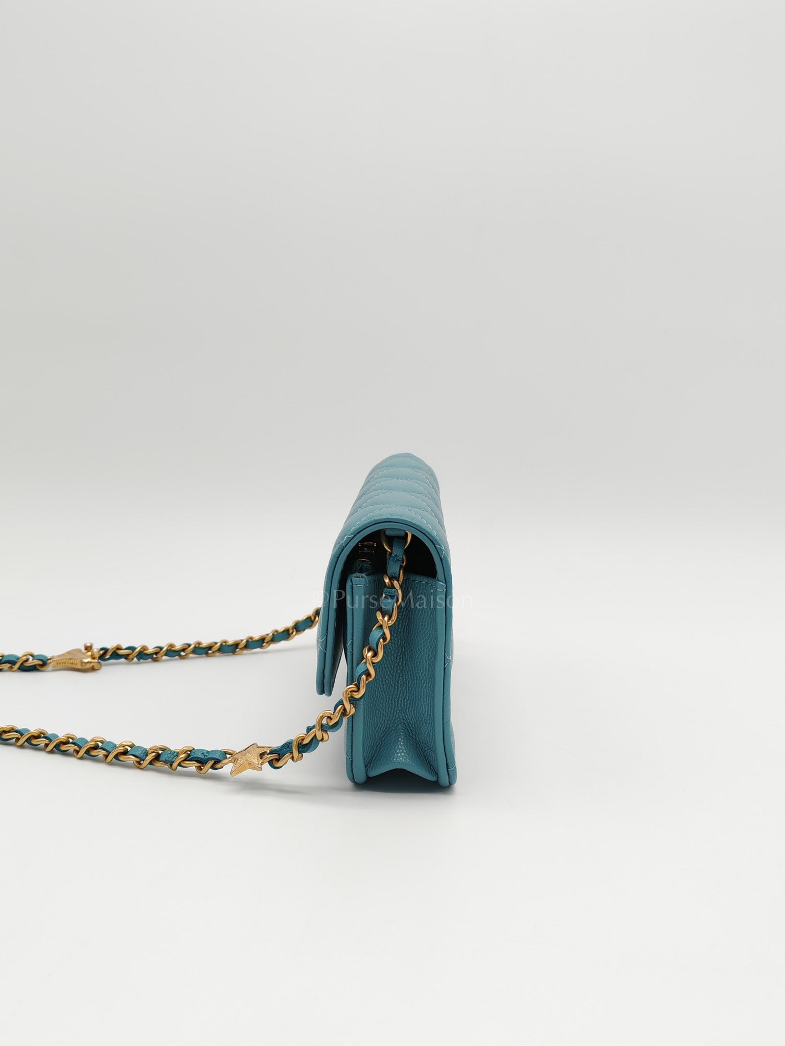 Charming Phone Holder with Chain in Teal Blue Caviar Leather & Gold Hardware (Microchip)