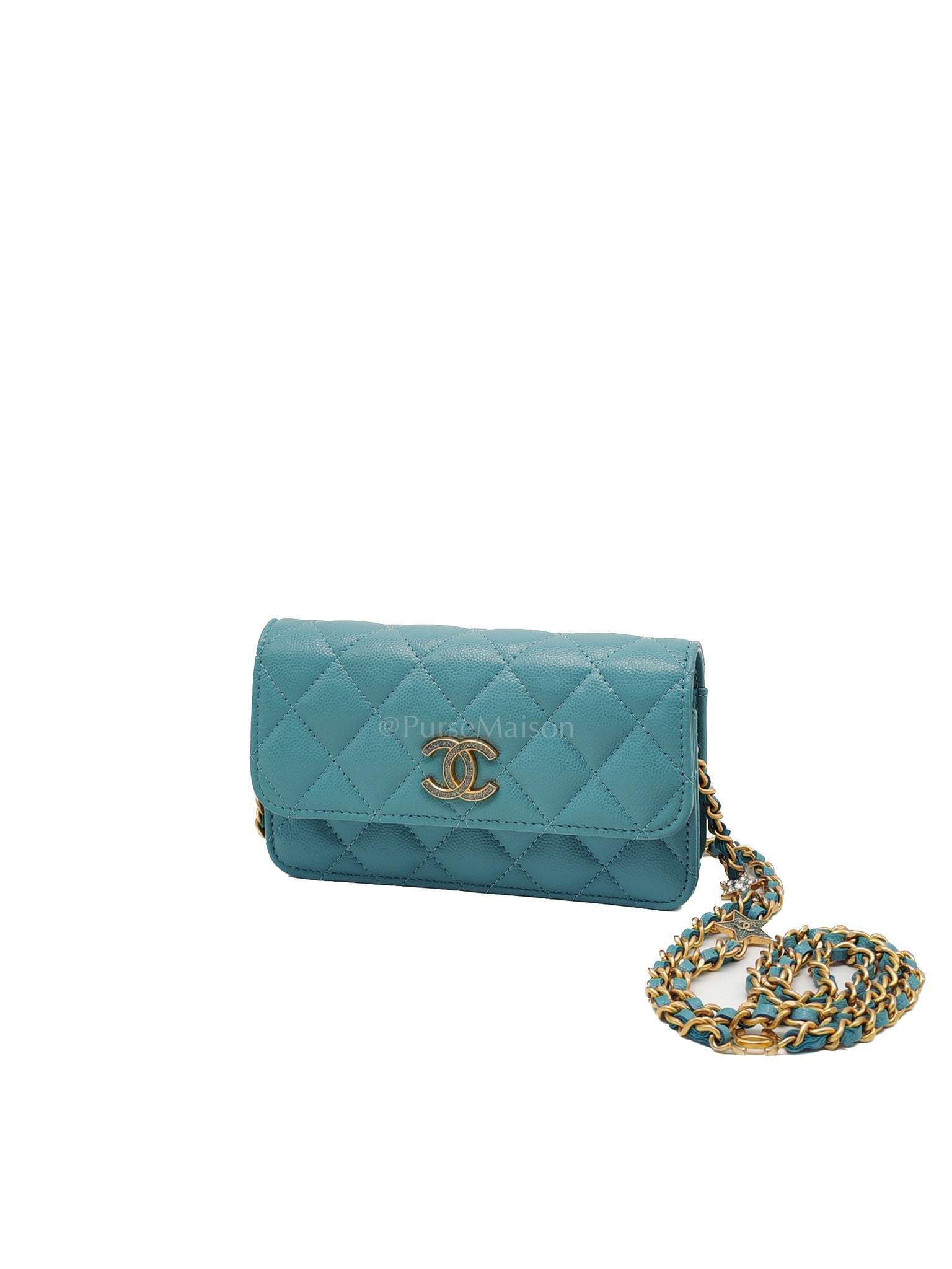 Charming Phone Holder with Chain in Teal Blue Caviar Leather & Gold Hardware (Microchip)