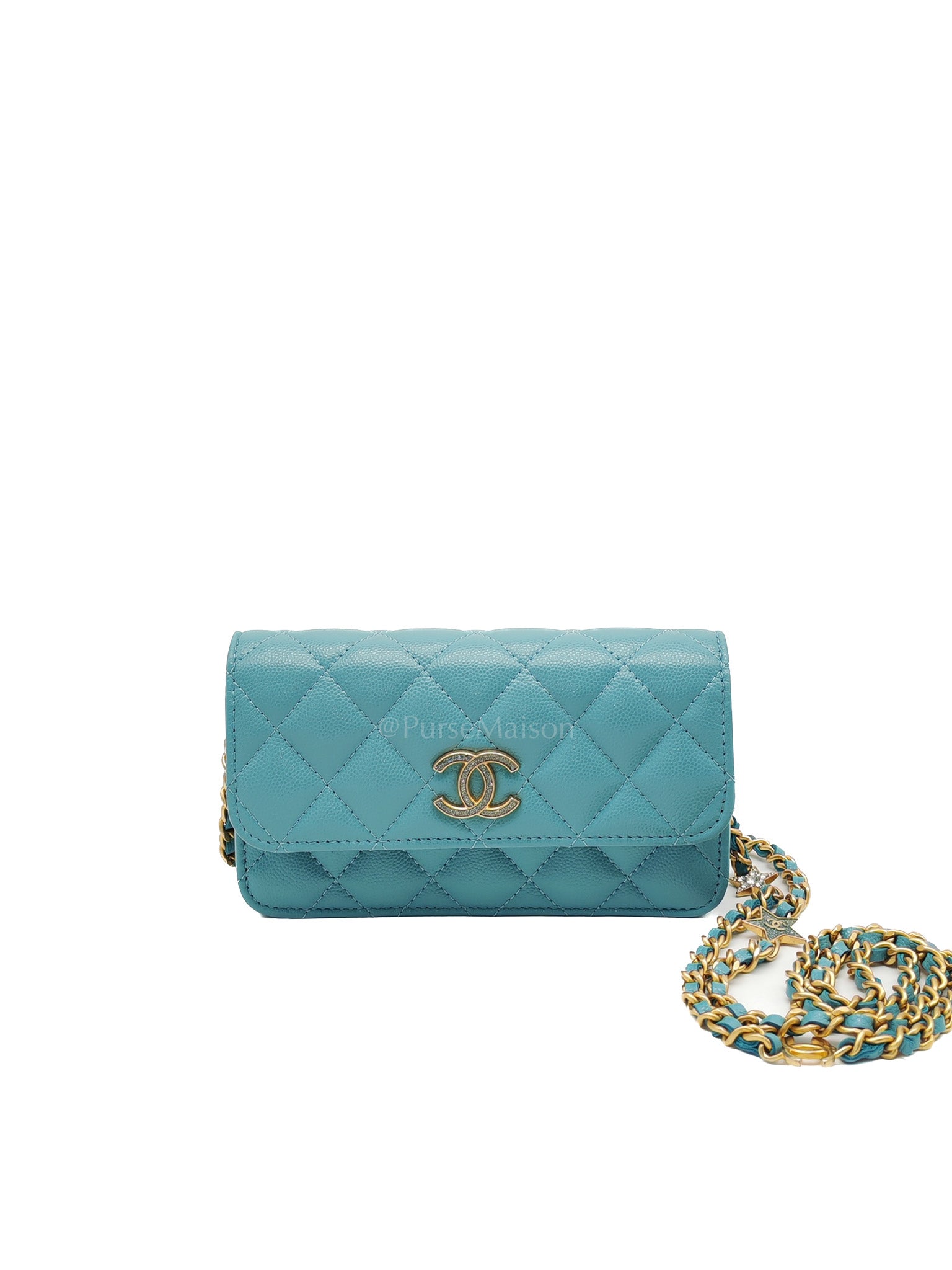 Charming Phone Holder with Chain in Teal Blue Caviar Leather & Gold Hardware (Microchip)