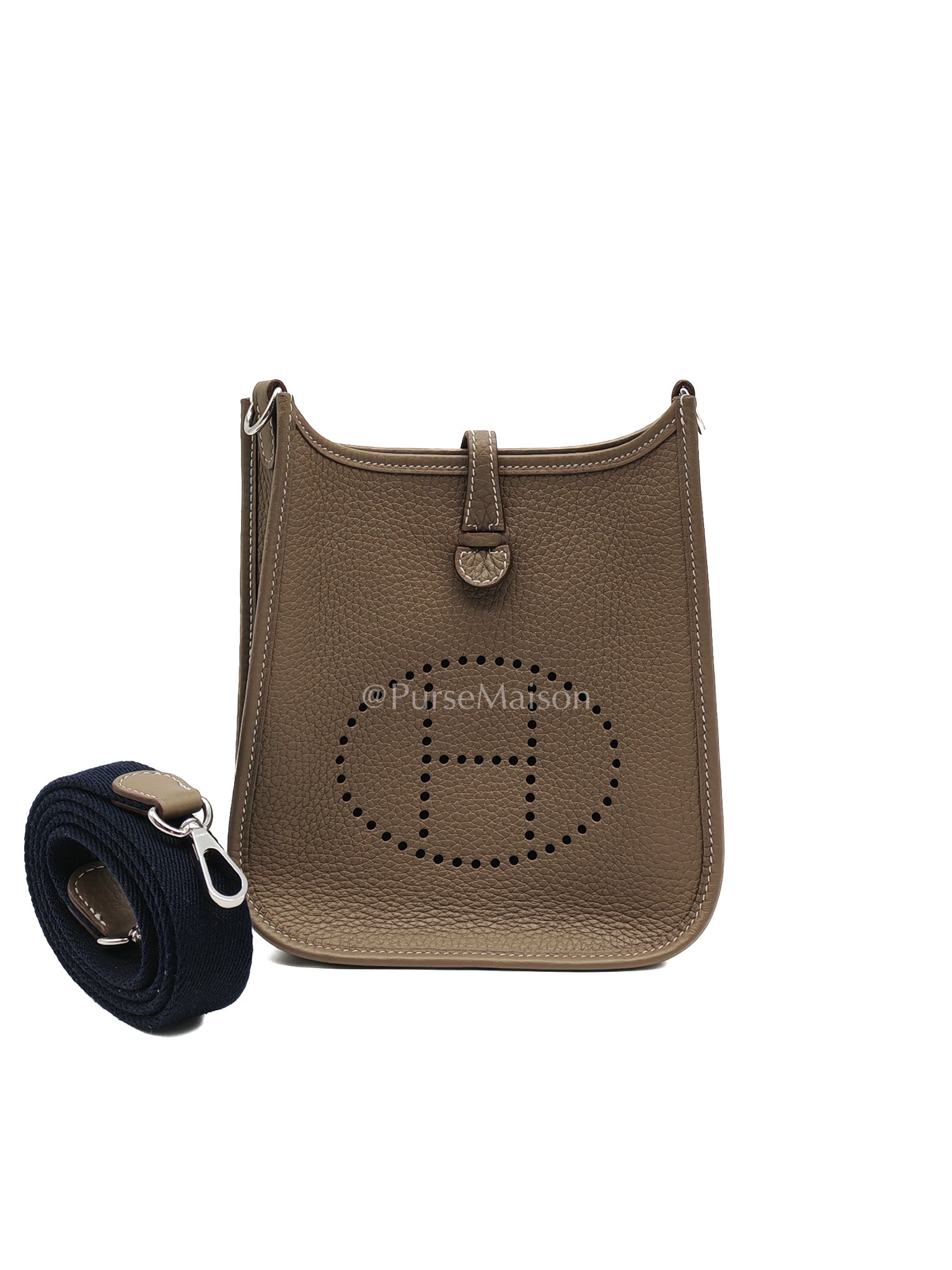 Hermes Evelyne 16 TPM in Etoupe Clemence Leather with Navy Blue Strap Palladium Hardware Stamp K(2025)
