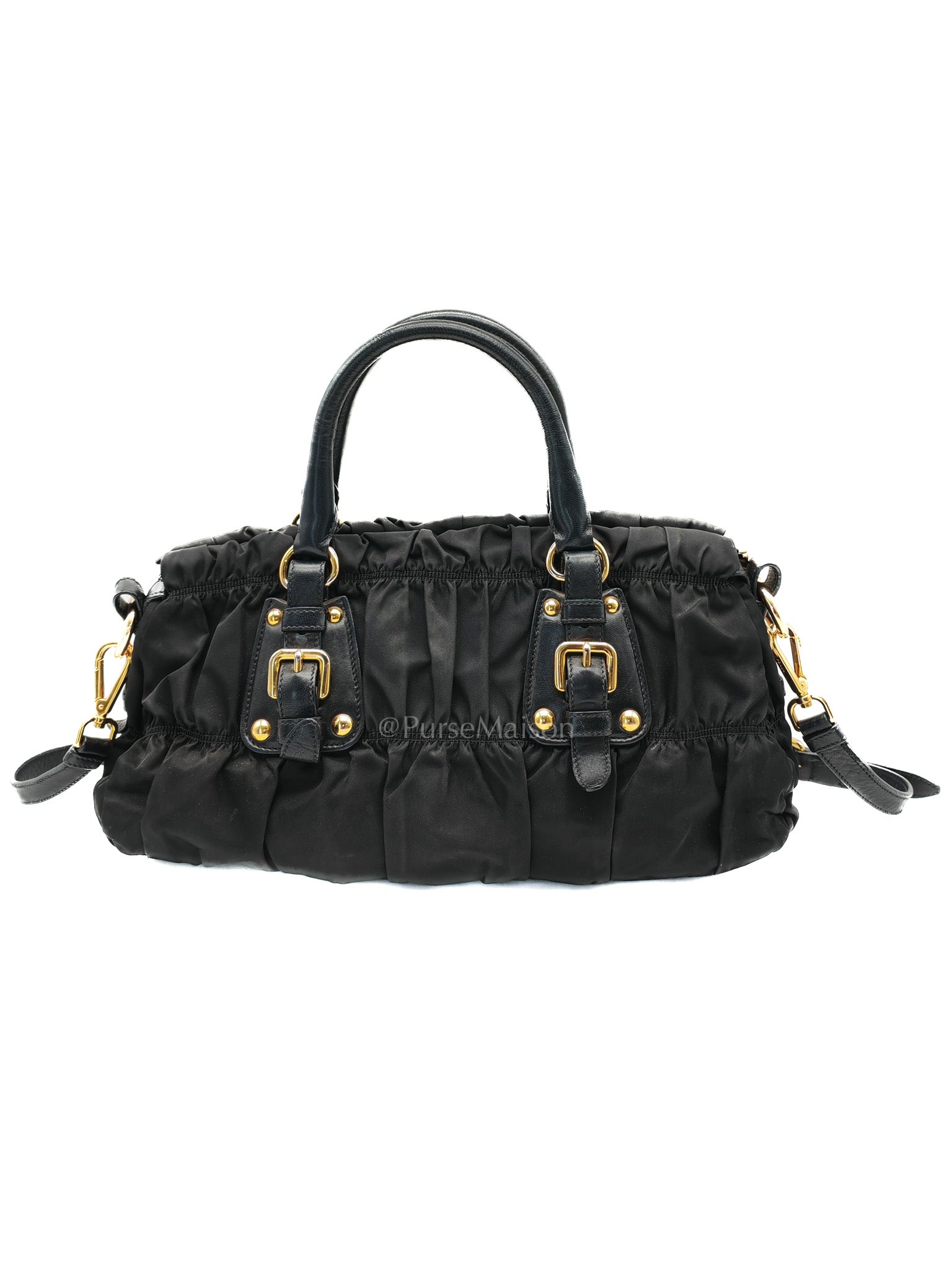 Tessuto Gauffre Satchel in Black Nylon Leather & Gold Hardware