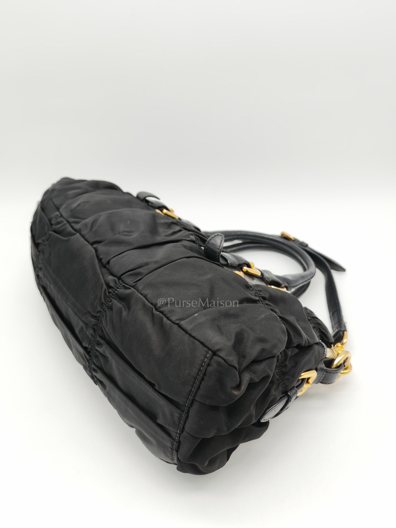 Tessuto Gauffre Satchel in Black Nylon Leather & Gold Hardware
