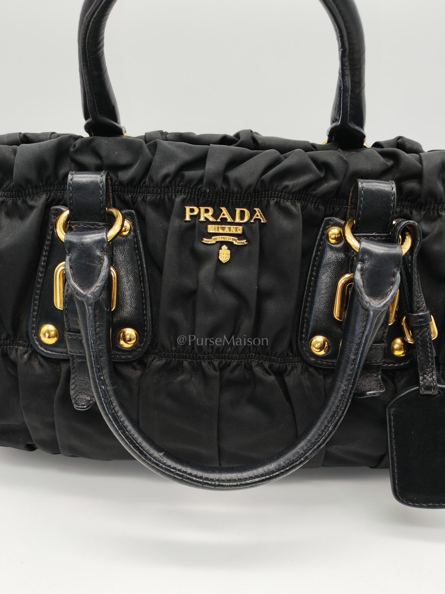 Tessuto Gauffre Satchel in Black Nylon Leather & Gold Hardware
