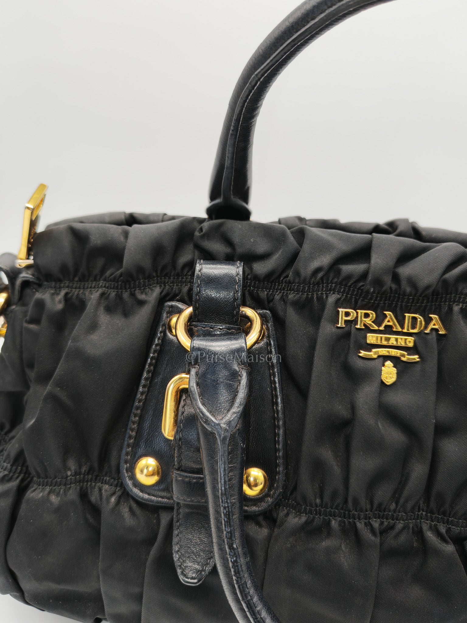 Tessuto Gauffre Satchel in Black Nylon Leather & Gold Hardware