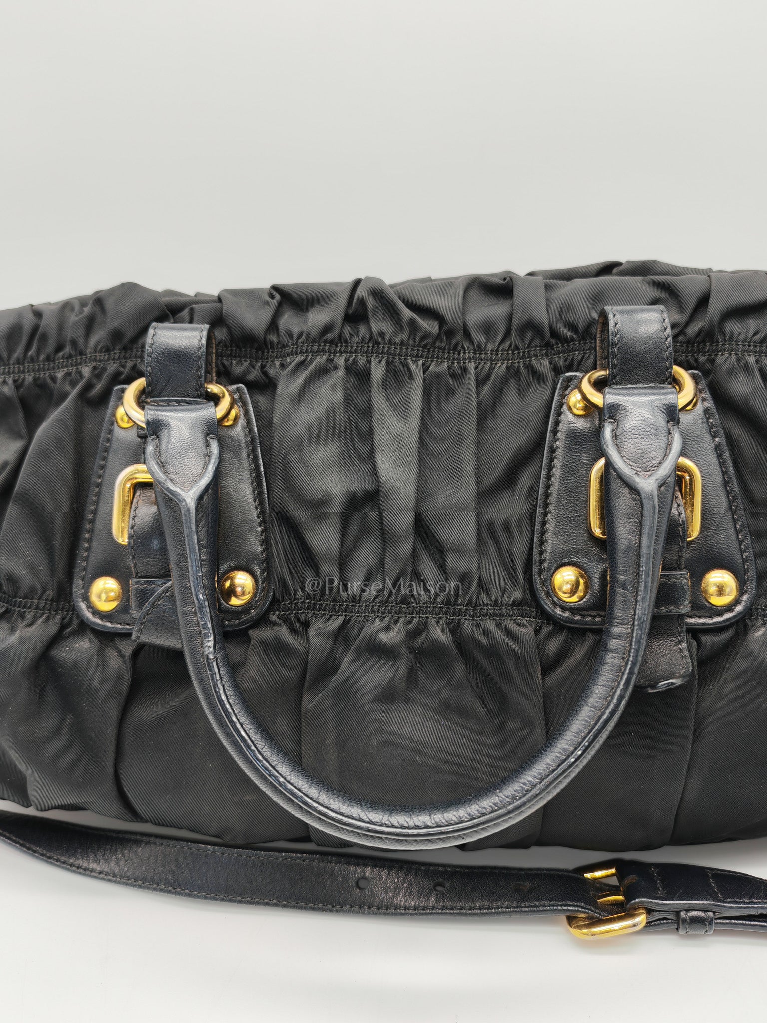 Tessuto Gauffre Satchel in Black Nylon Leather & Gold Hardware