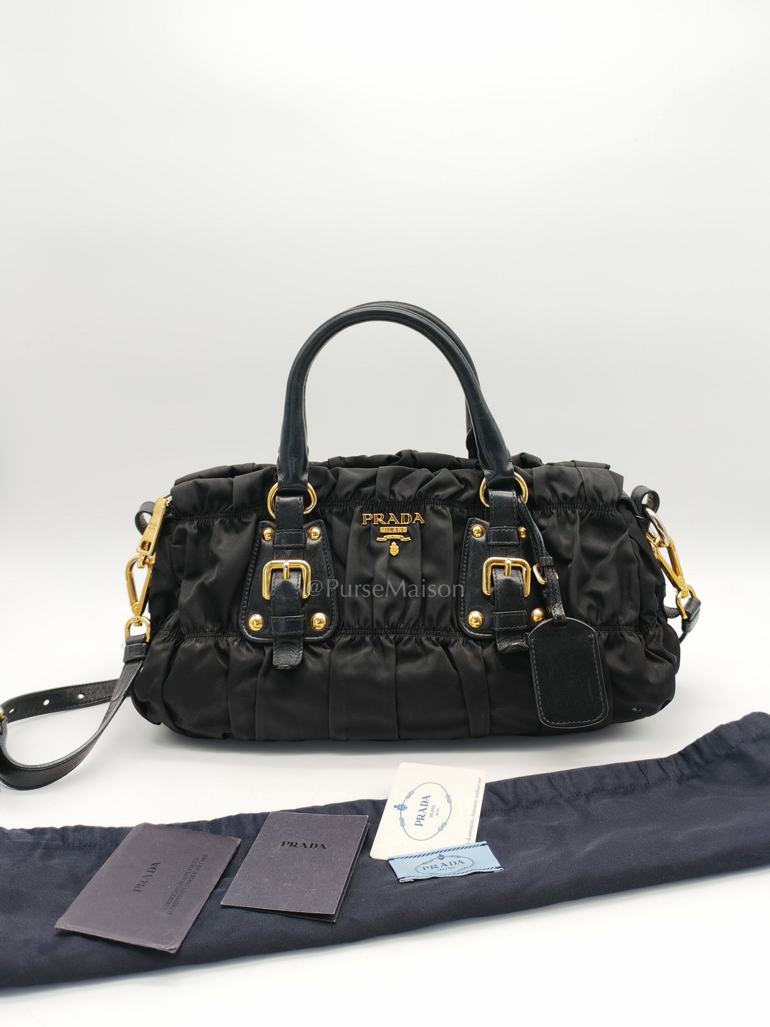 Tessuto Gauffre Satchel in Black Nylon Leather & Gold Hardware