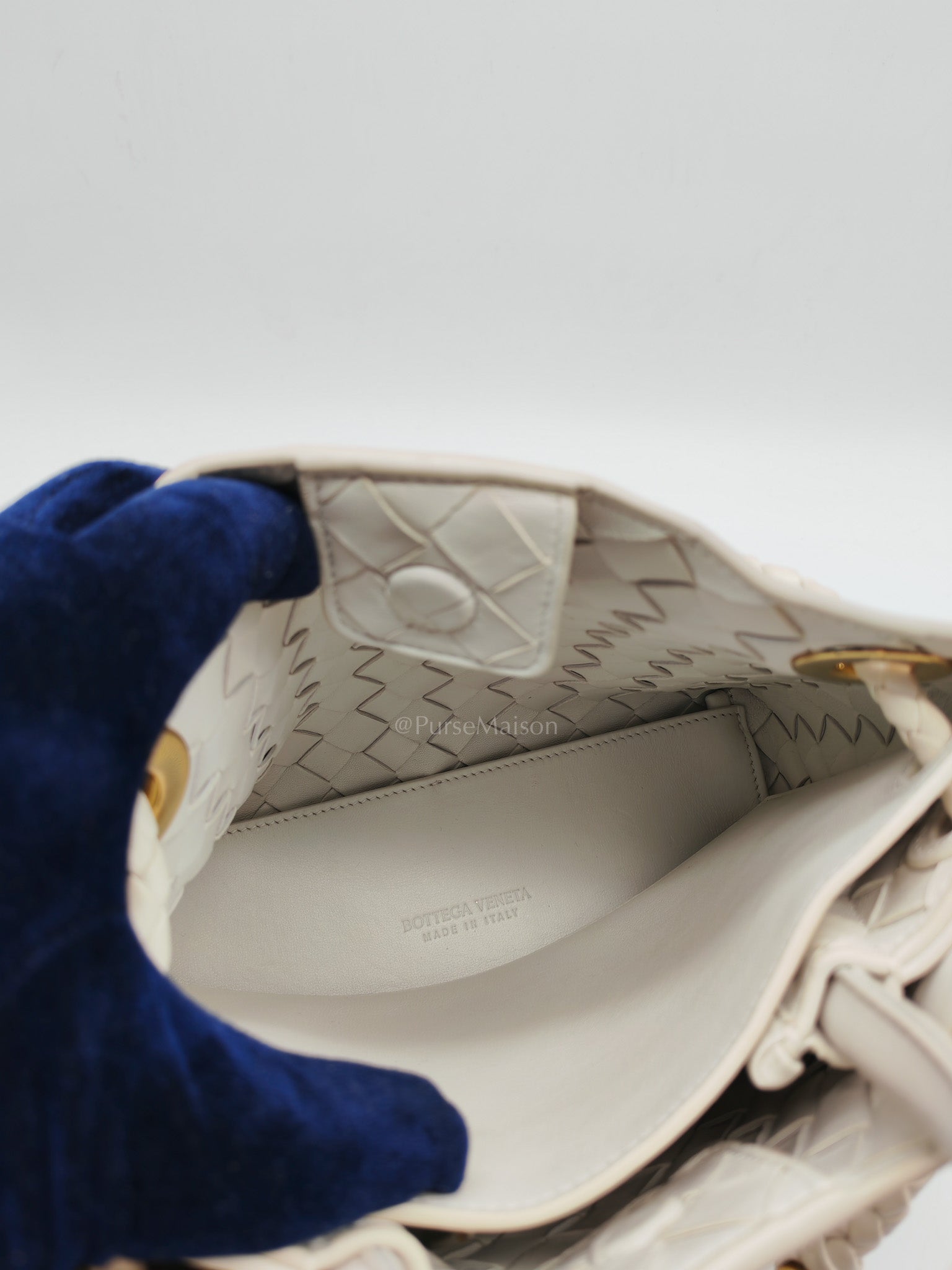 Andiamo Small in White Intrecciato Leather Shoulder Bag