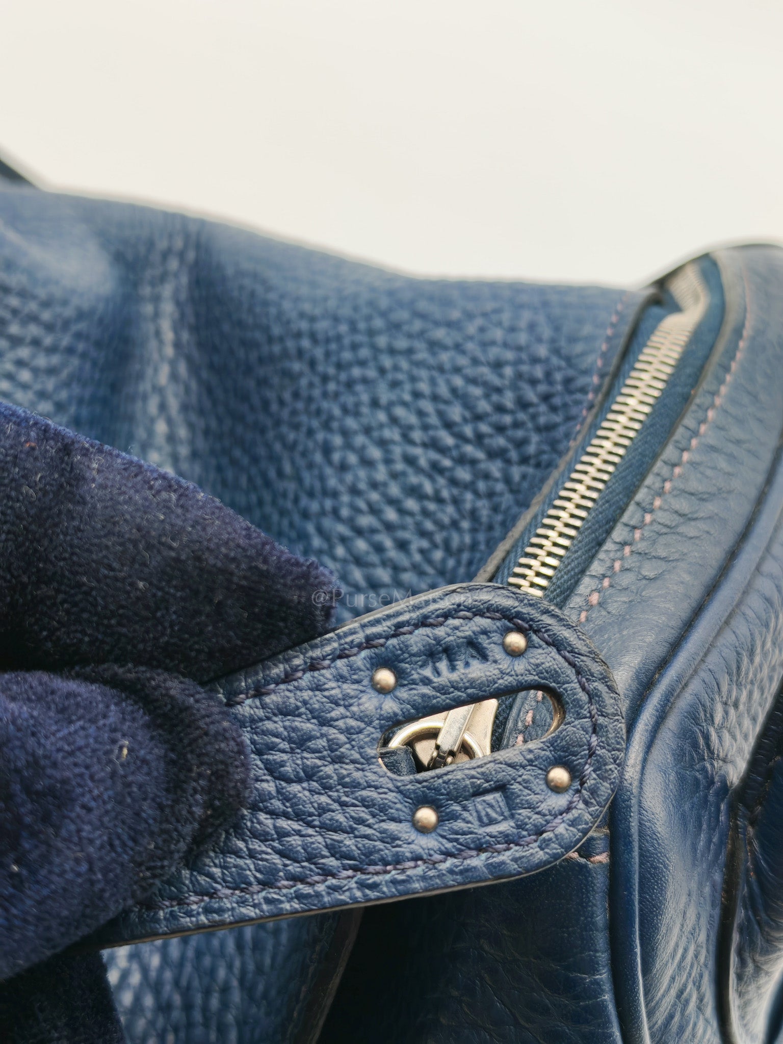 Lindy 26 in Blue Nuit Clemence Leather & Palladium Hardware Stamp Square N (2010) | Purse Maison Luxury Bags Shop