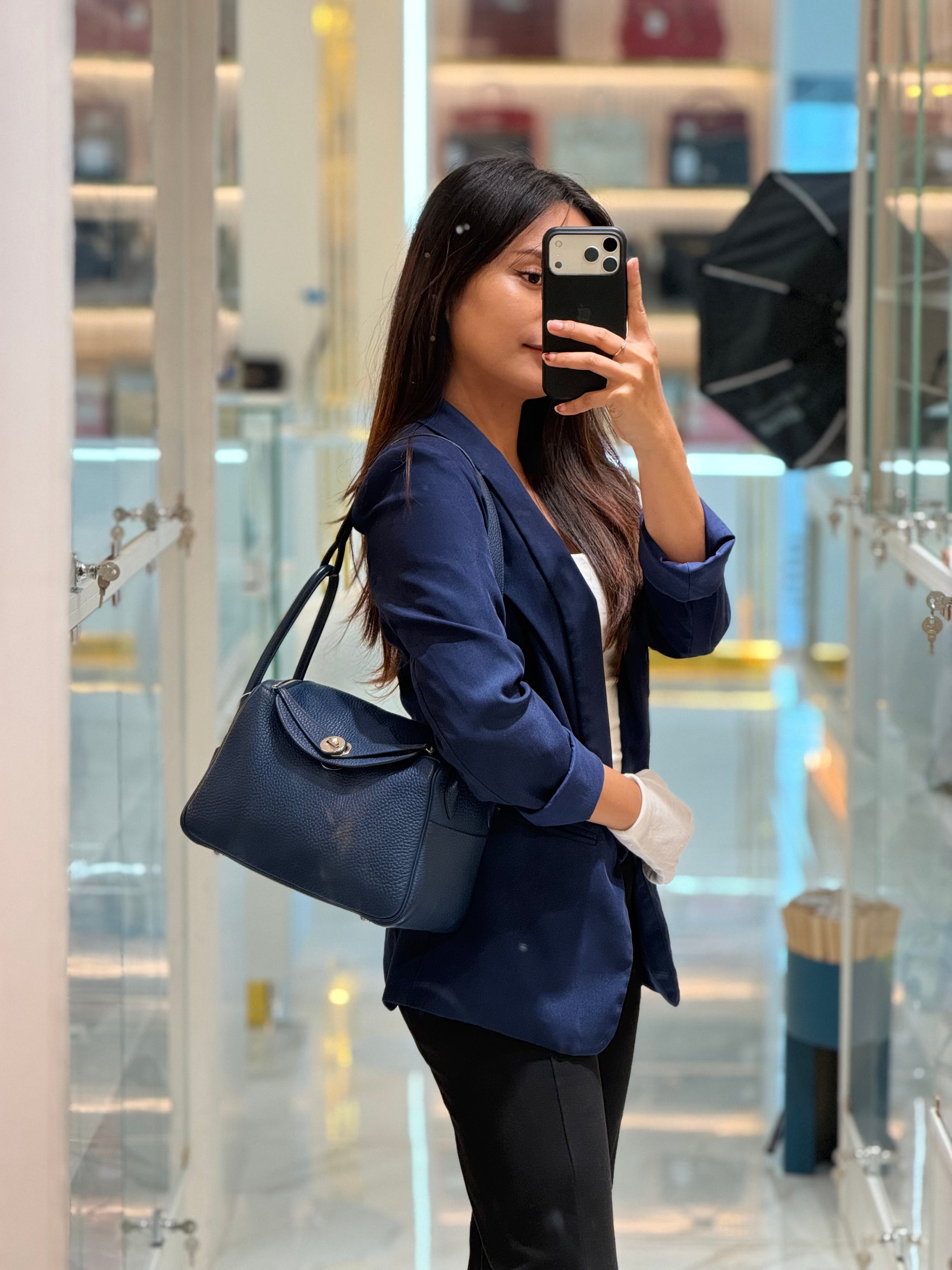 Lindy 26 in Blue De Malte Clemence Leather &amp; Palladium Hardware Stamp Square N (2010) | Purse Maison Luxury Bags Shop