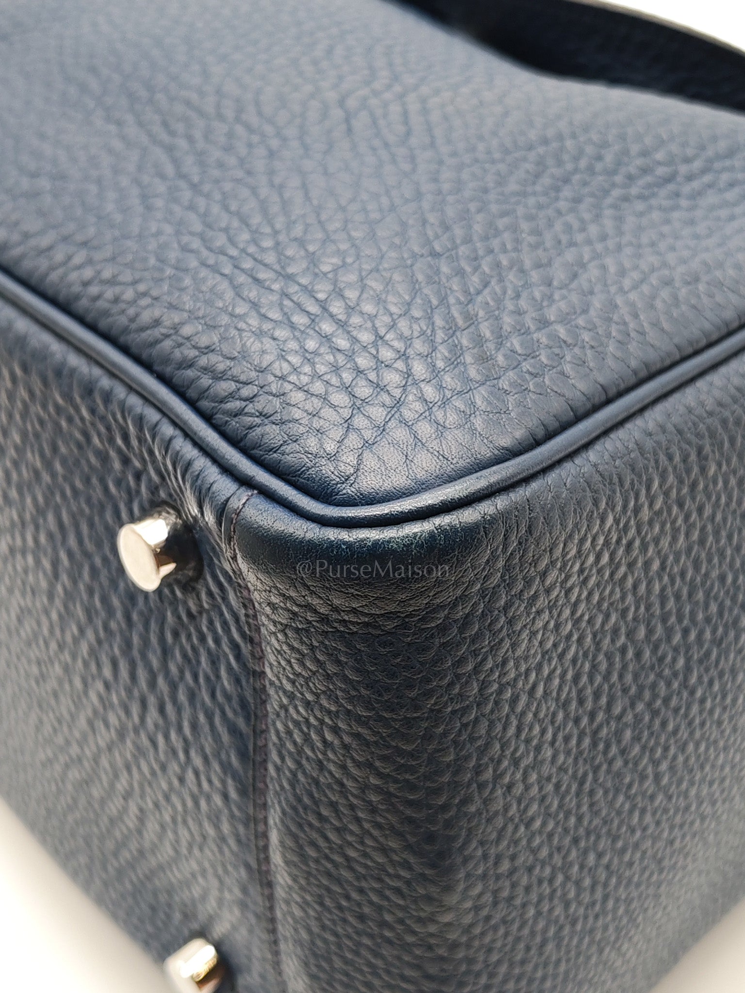 Lindy 26 in Blue Nuit Clemence Leather & Palladium Hardware Stamp Square N (2010) | Purse Maison Luxury Bags Shop