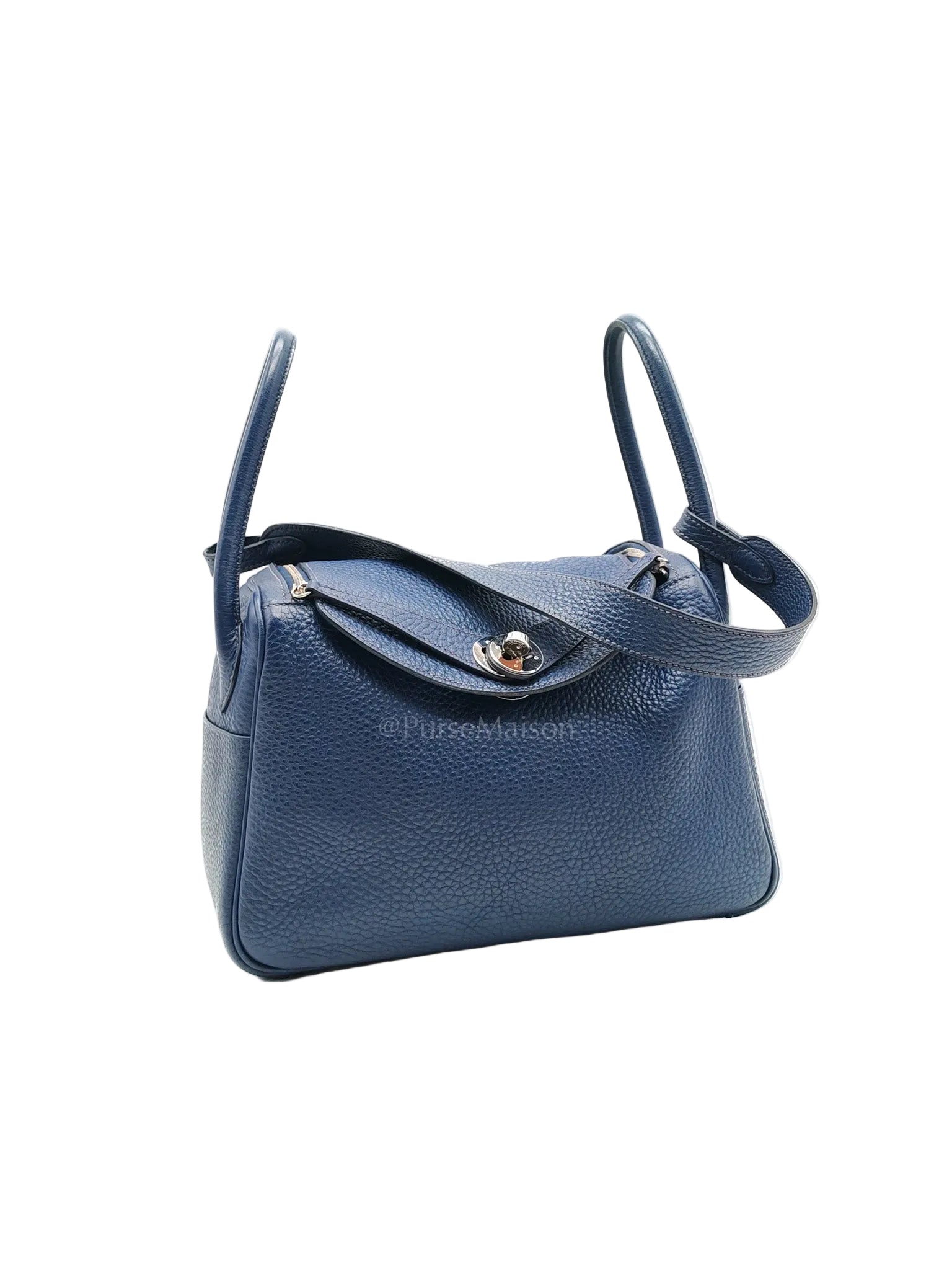 Lindy 26 in Blue Nuit Clemence Leather & Palladium Hardware Stamp Square N (2010) | Purse Maison Luxury Bags Shop