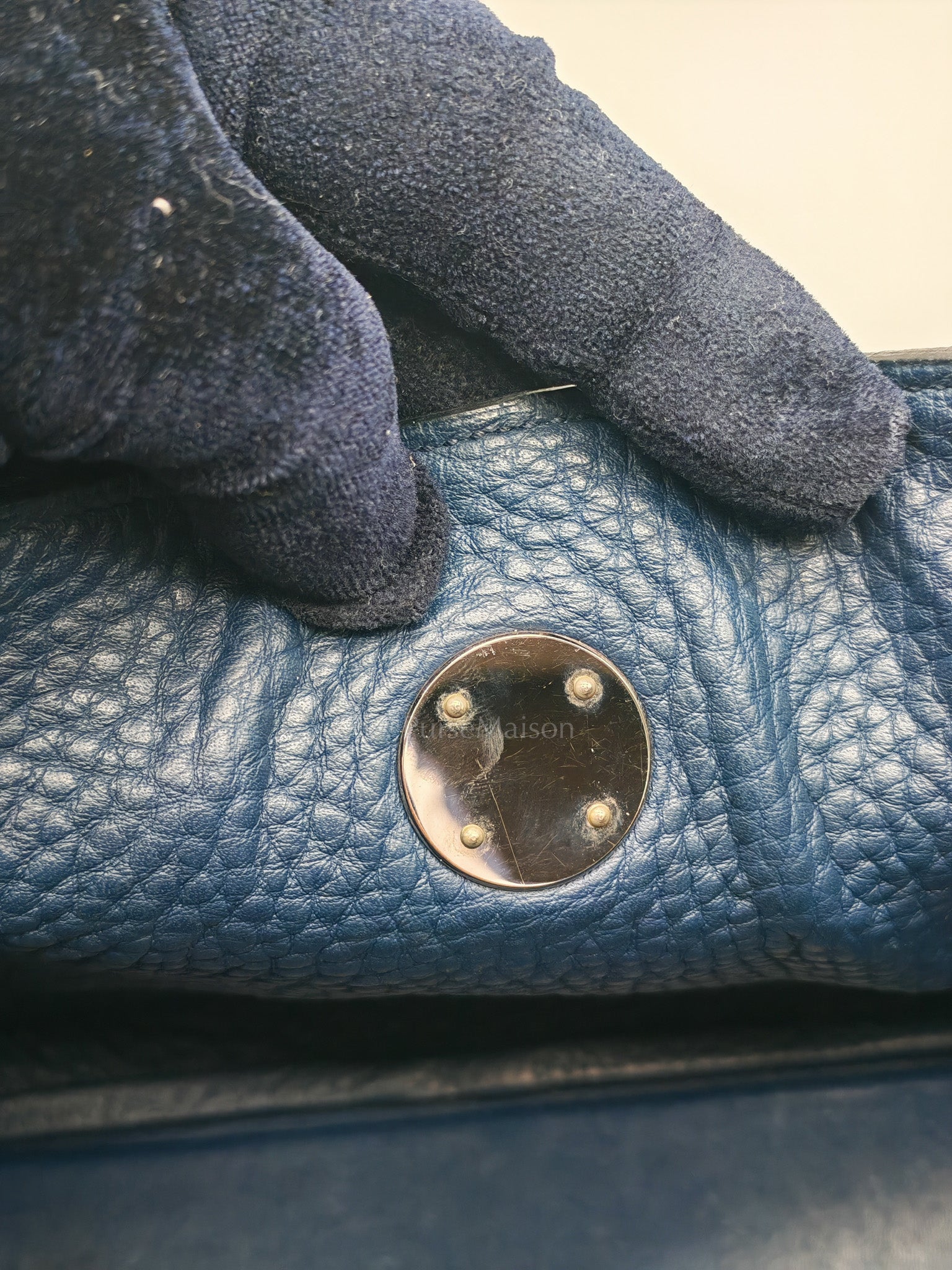 Lindy 26 in Blue Nuit Clemence Leather & Palladium Hardware Stamp Square N (2010) | Purse Maison Luxury Bags Shop