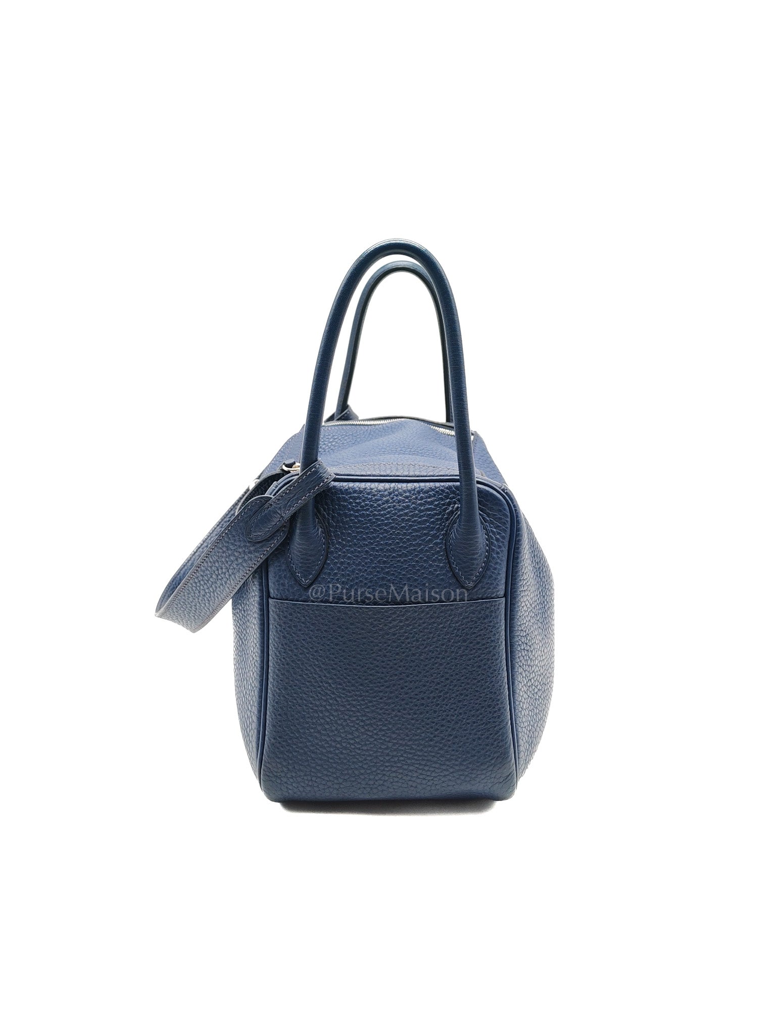 Lindy 26 in Blue Nuit Clemence Leather & Palladium Hardware Stamp Square N (2010) | Purse Maison Luxury Bags Shop