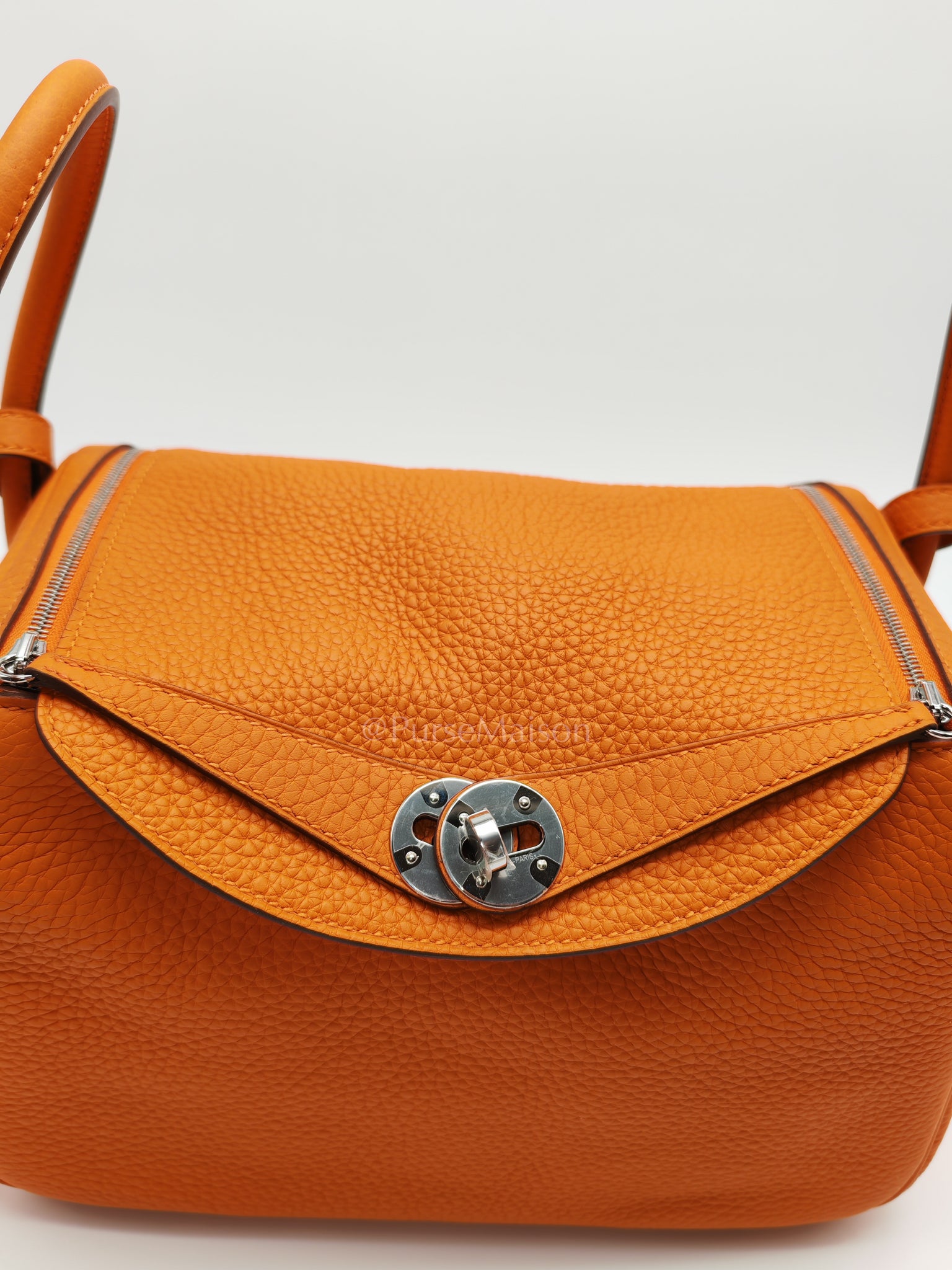 Lindy 26 in Orange Clemence Leather and Palladium Hardware Stamp B (2023) | Purse Maison Luxury Bags Shop