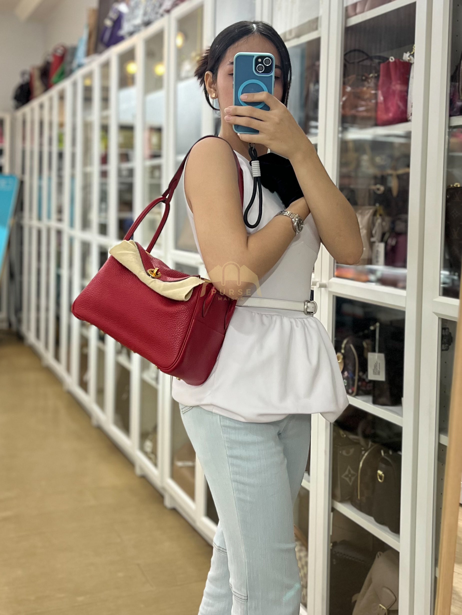 Lindy 26 in Red Clemence Leather and Gold Hardware Stamp C (2018) | Purse Maison Luxury Bags Shop