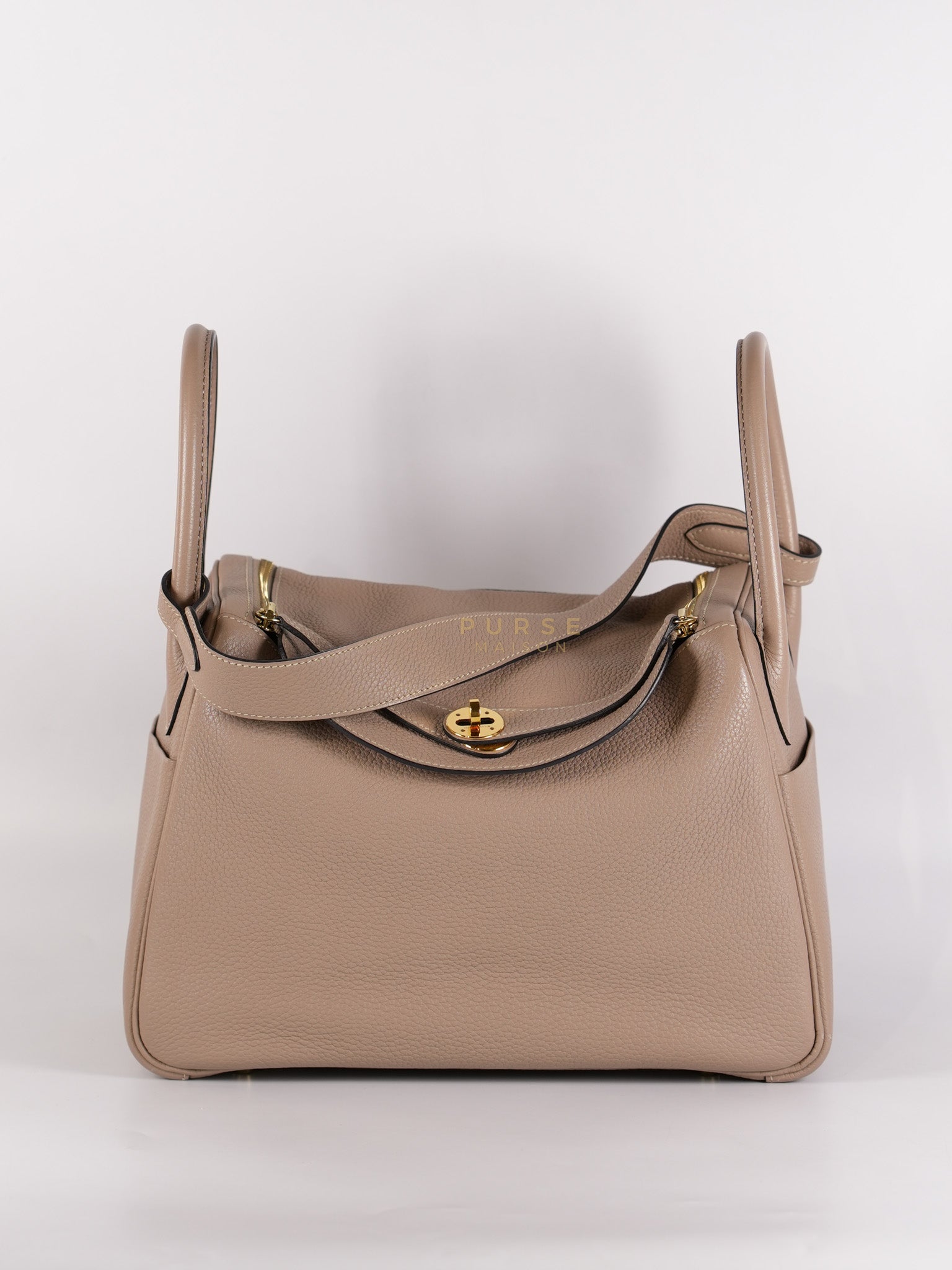 Lindy 30 Gris Tourterelle in Clemence Leather and Gold Hardware Stamp Square P (2012) | Purse Maison Luxury Bags Shop