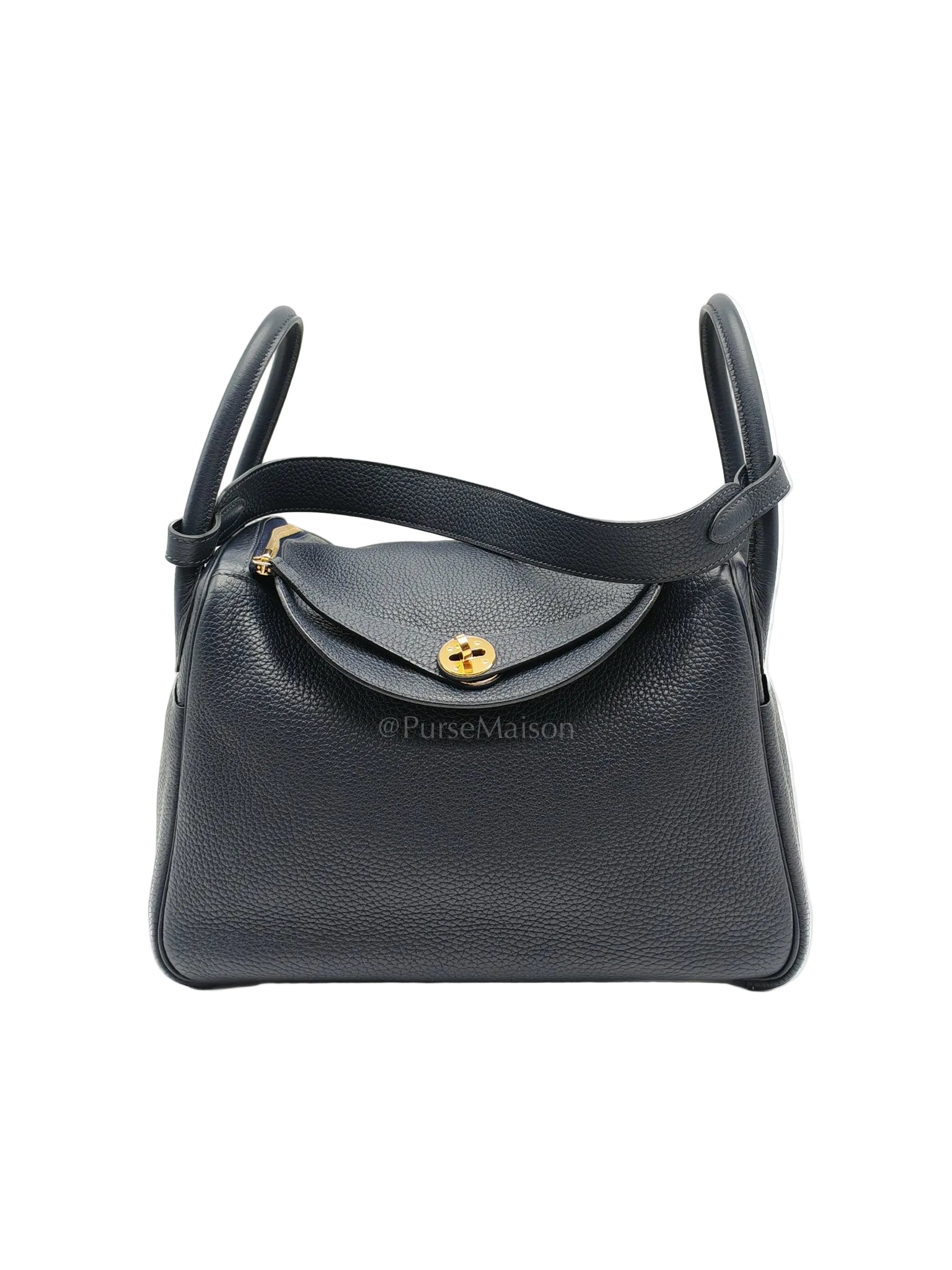 Lindy 30 in Blue Navy Clemence Leather & Gold Hardware Stamp X (2016) | Purse Maison Luxury Bags Shop