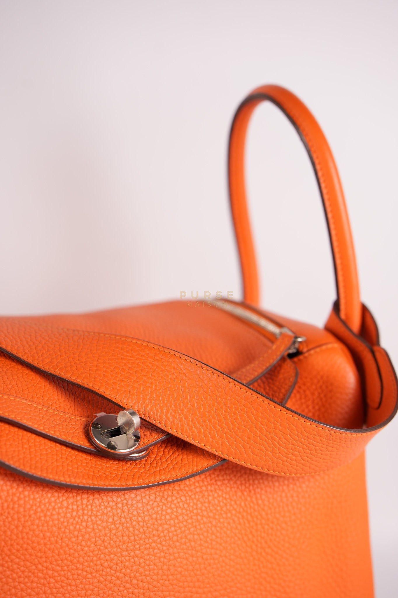 Lindy 36 in Feu (Orange) Clemence Leather and Palladium Hardware Stamp Square R (2014) | Purse Maison Luxury Bags Shop