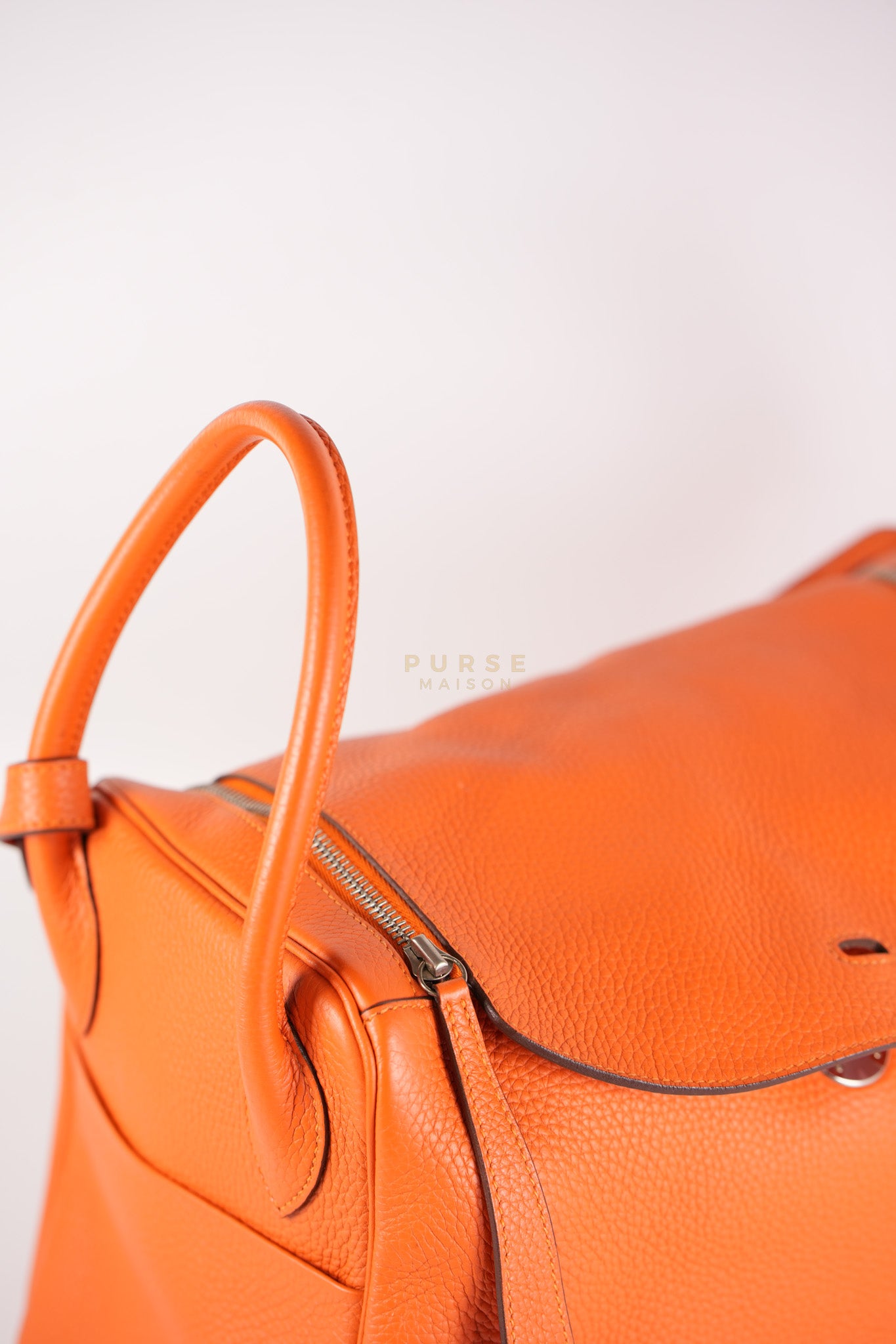 Lindy 36 in Feu (Orange) Clemence Leather and Palladium Hardware Stamp Square R (2014) | Purse Maison Luxury Bags Shop