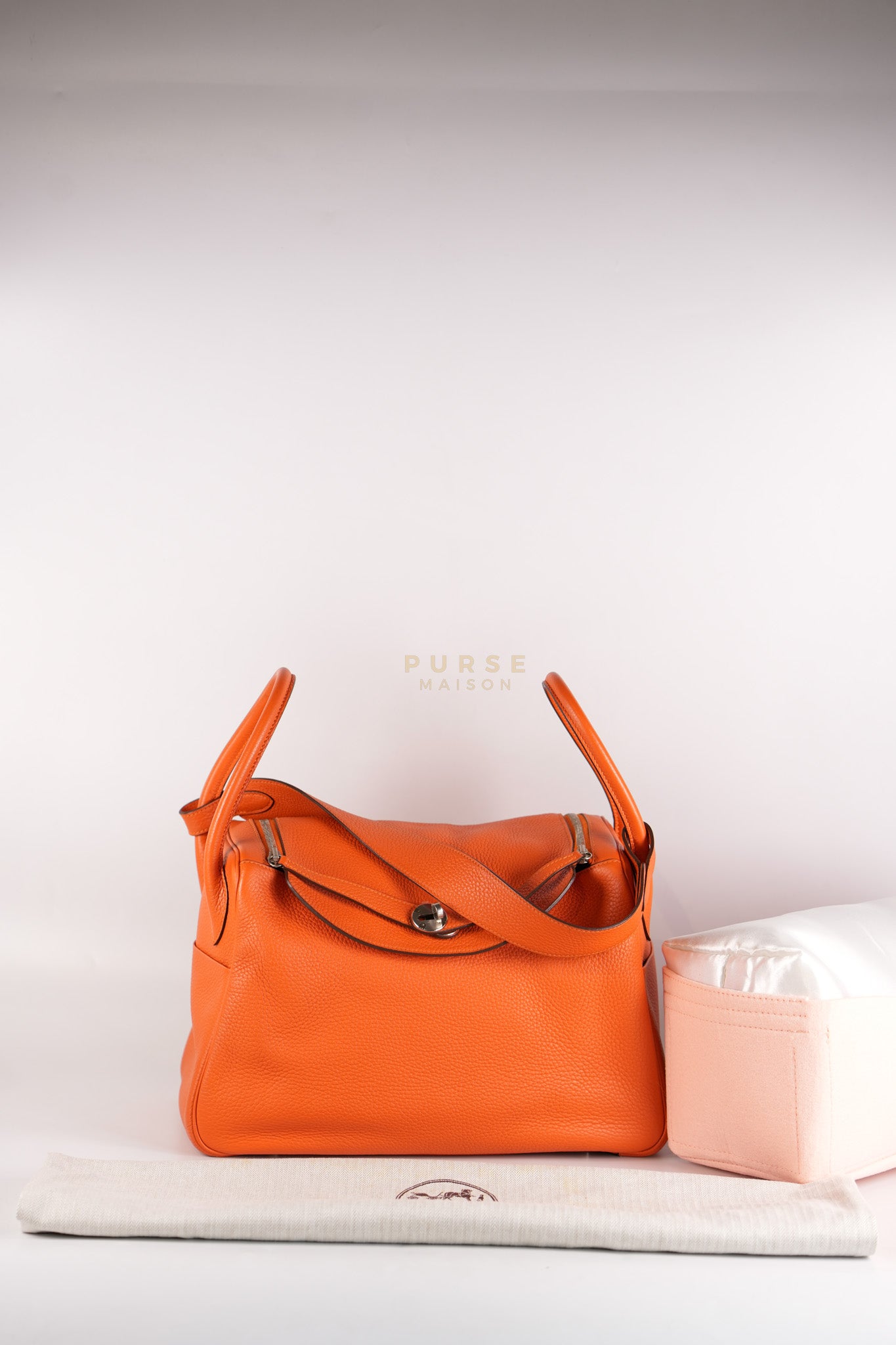 Lindy 36 in Feu (Orange) Clemence Leather and Palladium Hardware Stamp Square R (2014) | Purse Maison Luxury Bags Shop