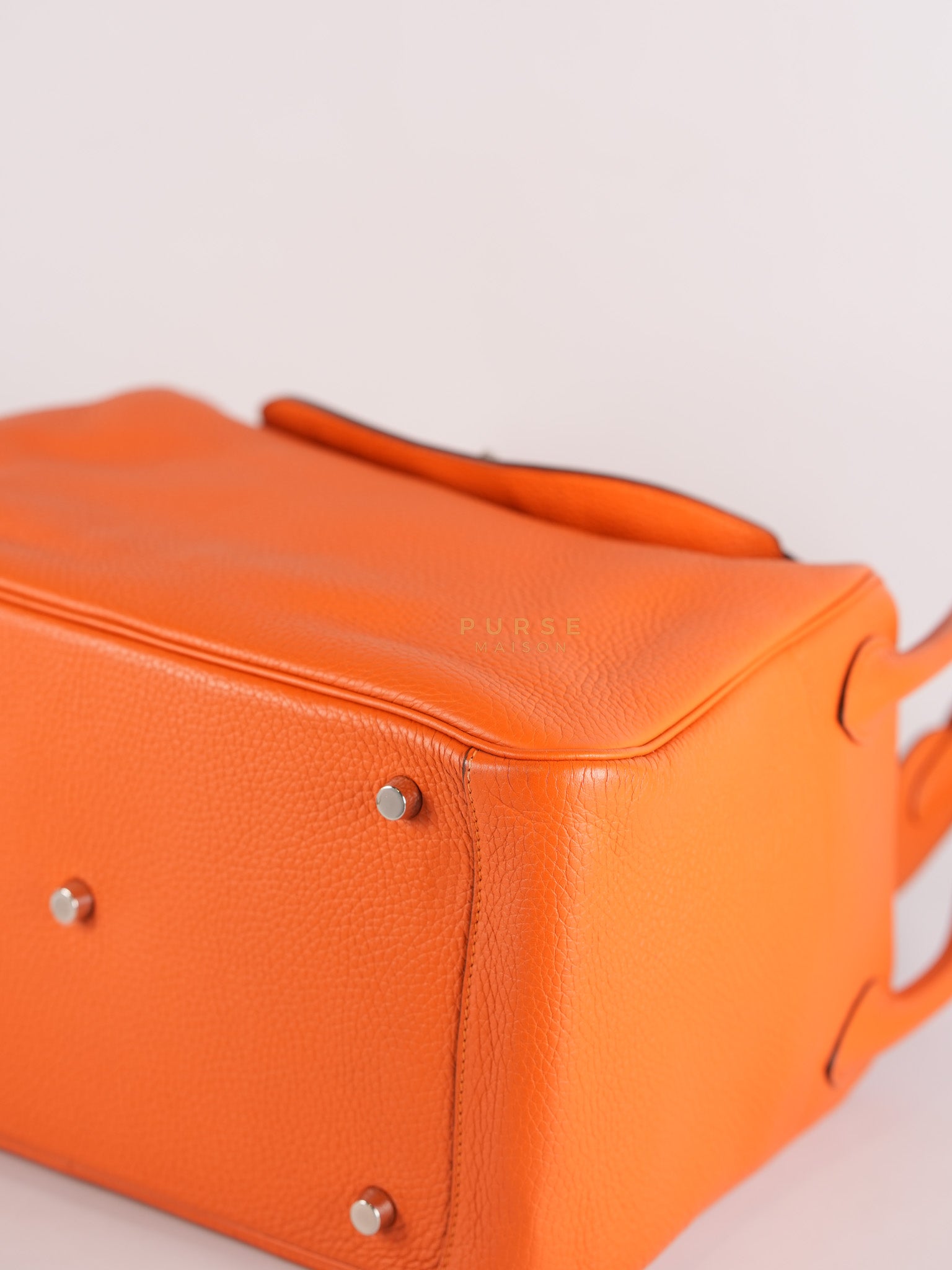Lindy 36 in Feu (Orange) Clemence Leather and Palladium Hardware Stamp Square R (2014) | Purse Maison Luxury Bags Shop