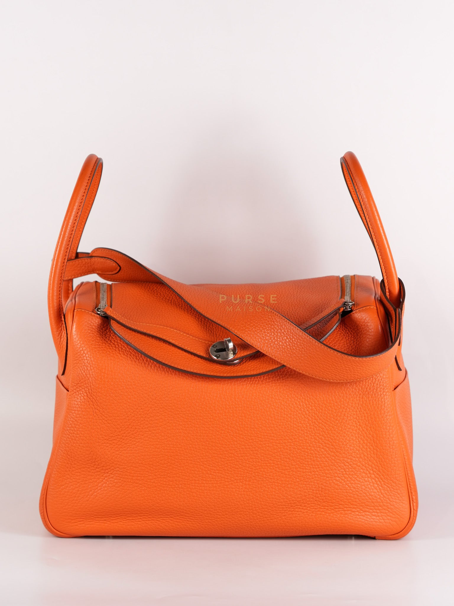 Lindy 36 in Feu (Orange) Clemence Leather and Palladium Hardware Stamp Square R (2014) | Purse Maison Luxury Bags Shop
