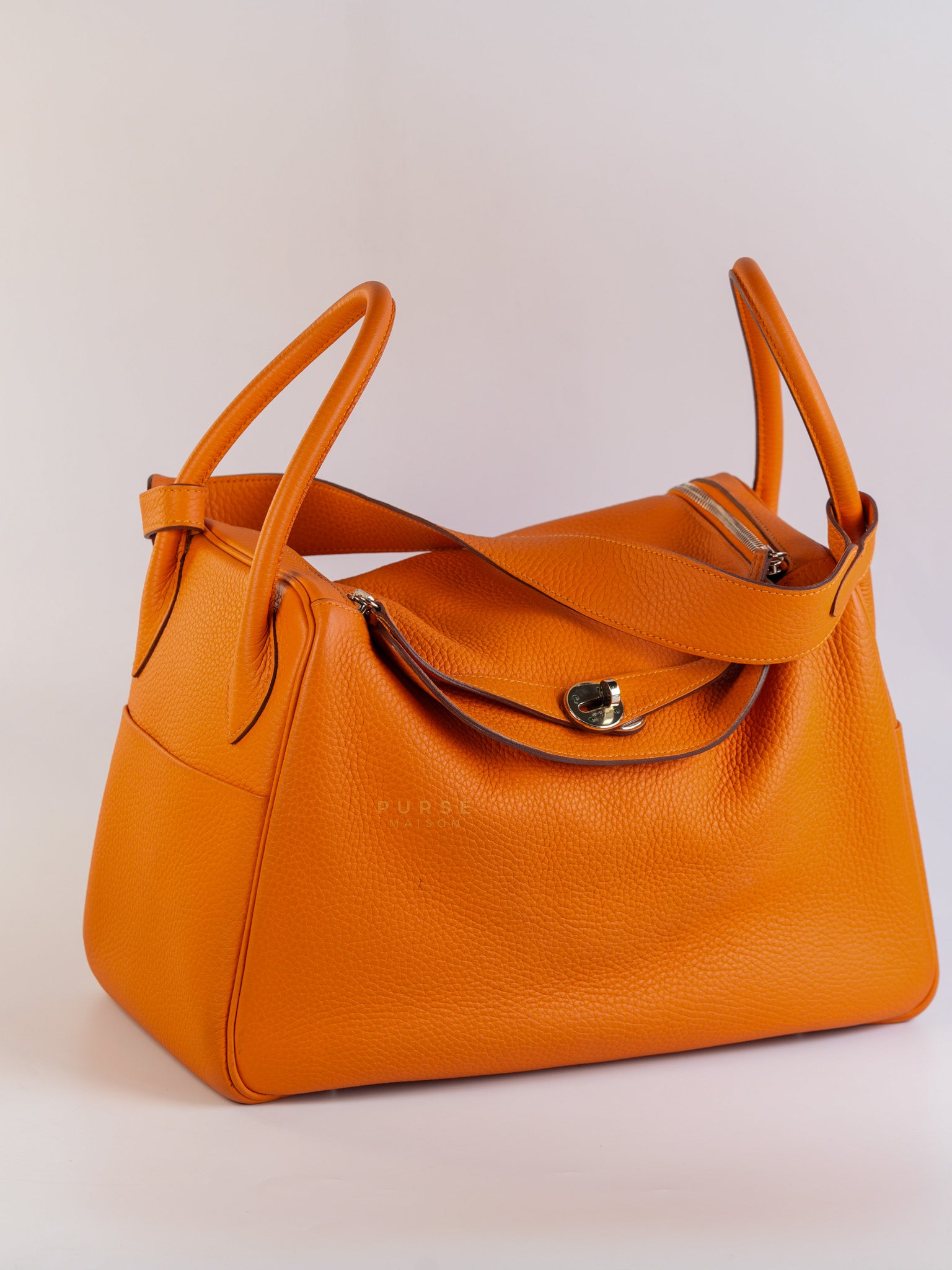Lindy 34 Orange Clemence Leather and Palladium Hardware Stamp Square O (2011) | Purse Maison Luxury Bags Shop