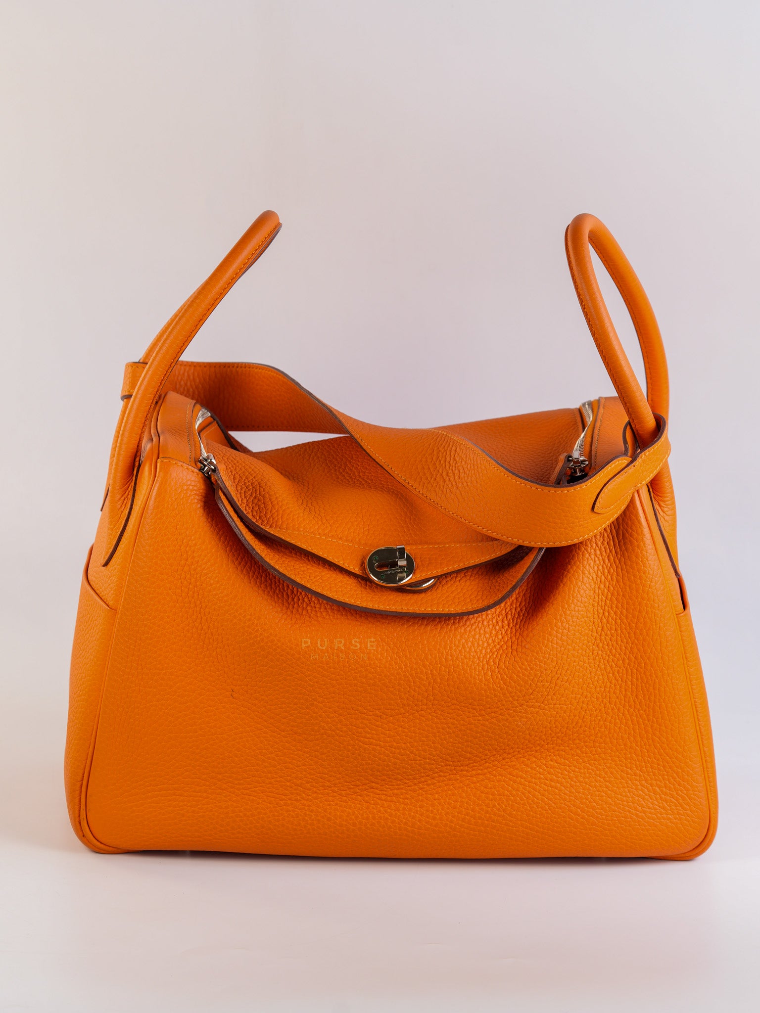 Lindy 34 Orange Clemence Leather and Palladium Hardware Stamp Square O (2011) | Purse Maison Luxury Bags Shop
