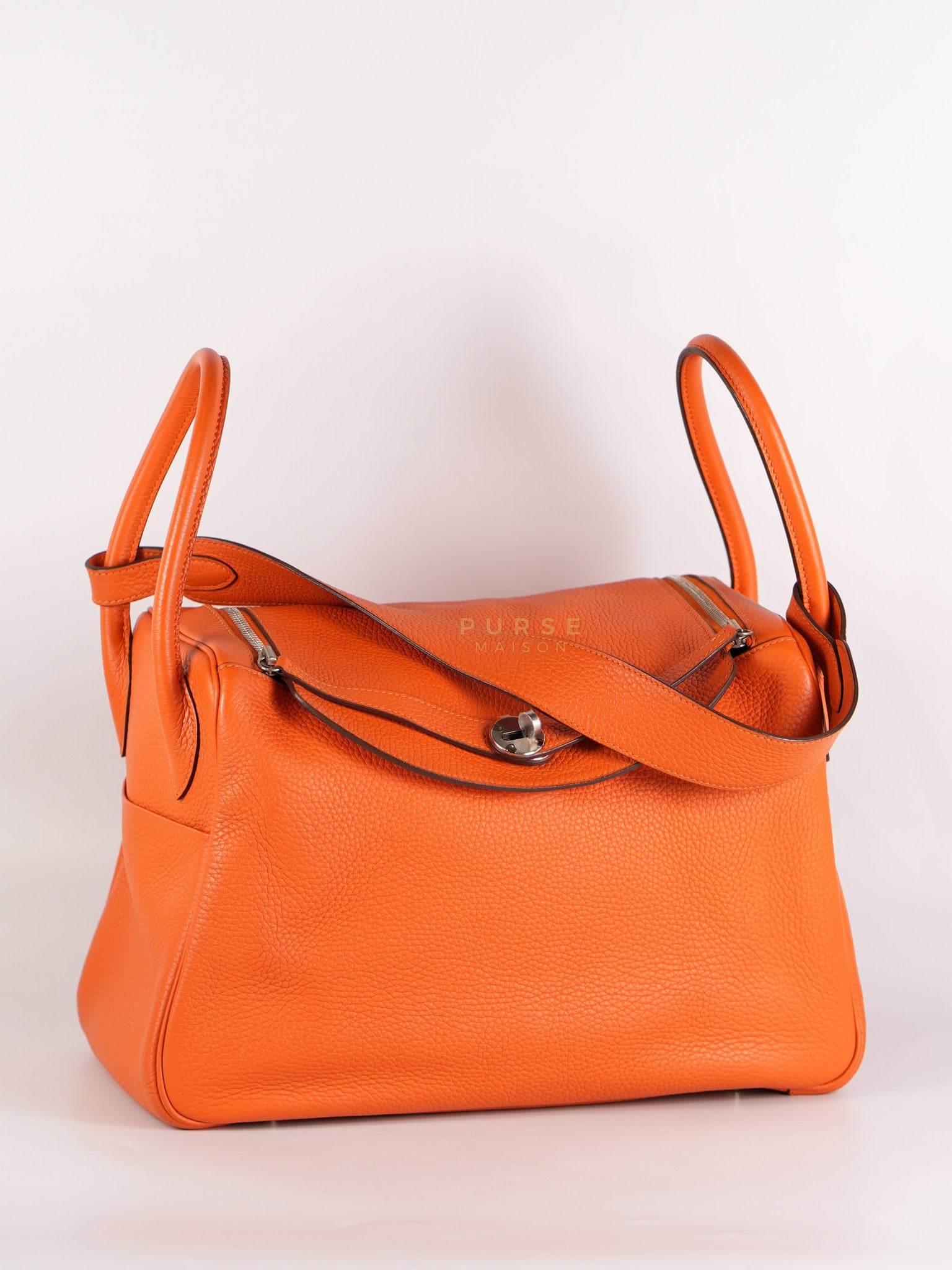 Lindy 36 in Feu (Orange) Clemence Leather and Palladium Hardware Stamp Square R (2014) | Purse Maison Luxury Bags Shop