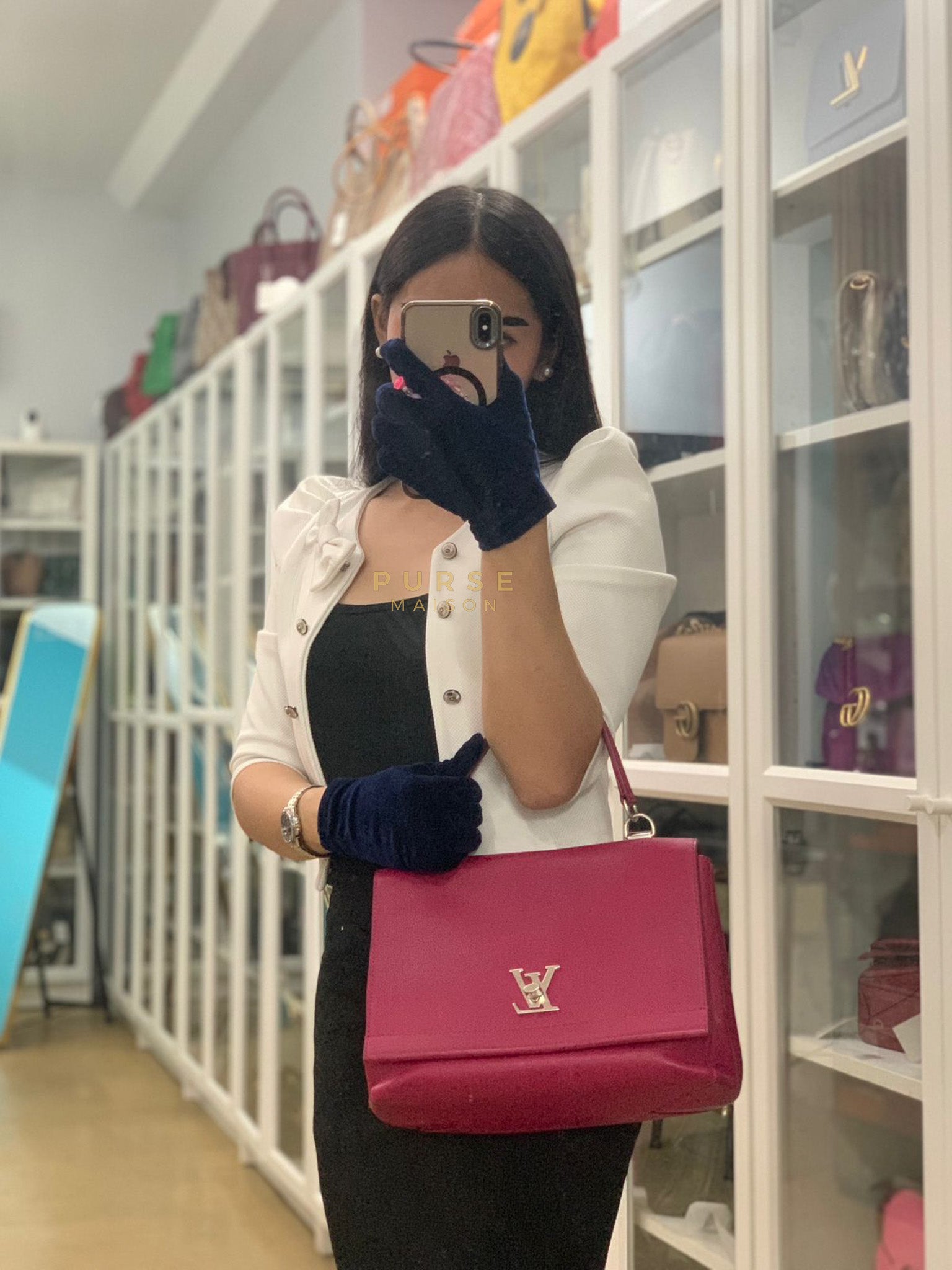 Lock Me II Top Handle Bag in Fuchsia Pink Calfskin Leather & Silver Hardware (Date Code: FL2165) | Purse Maison Luxury Bags Shop