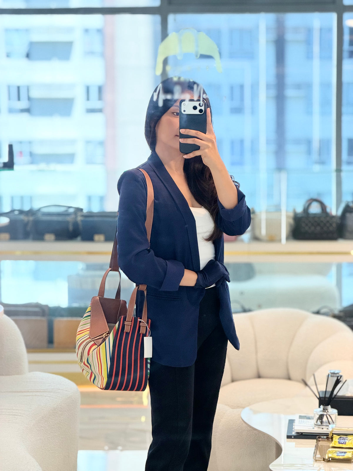 Loewe Hammock Bag Small in Striped Canvas Calfskin Leather and Gold Hardware | Purse Maison Luxury Bags Shop